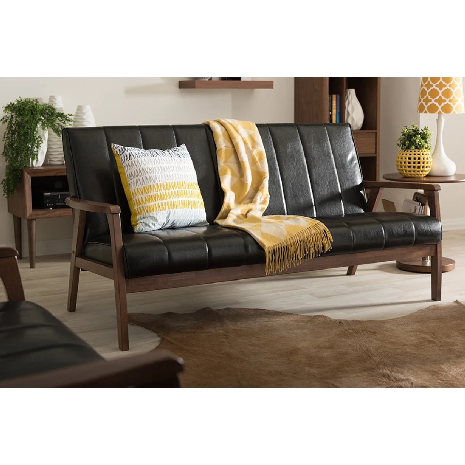 Nikko Mid-Century Modern Scandinavian Style Black Faux Leather Wooden 3-Seater Sofa