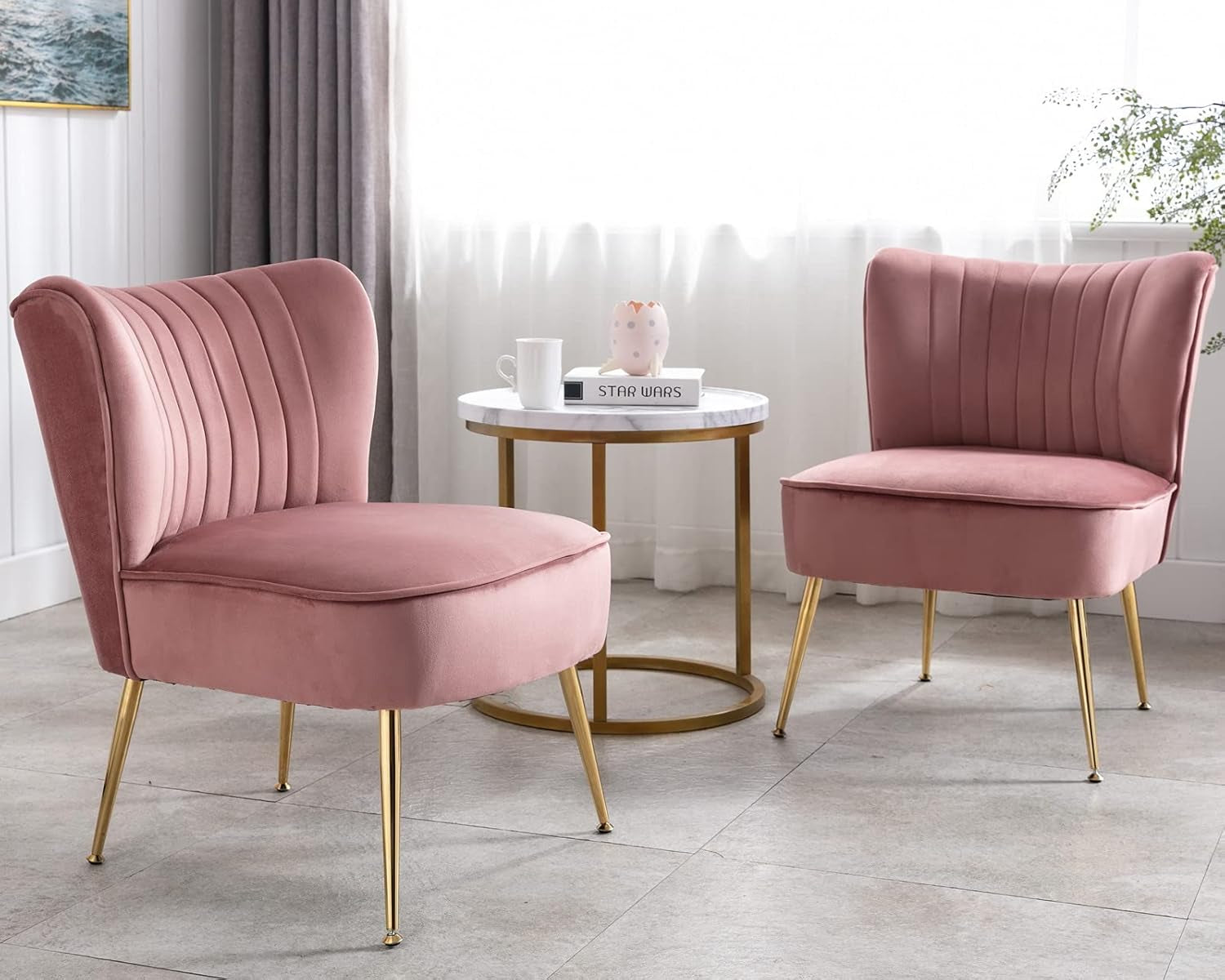 Velvet Accent Chairs Set of 2 Modern Armless Slipper Chair Wingback Single Sofa Side Chair Comfy Corner Chair with Golden Legs for Living Room Bedroom, Pink