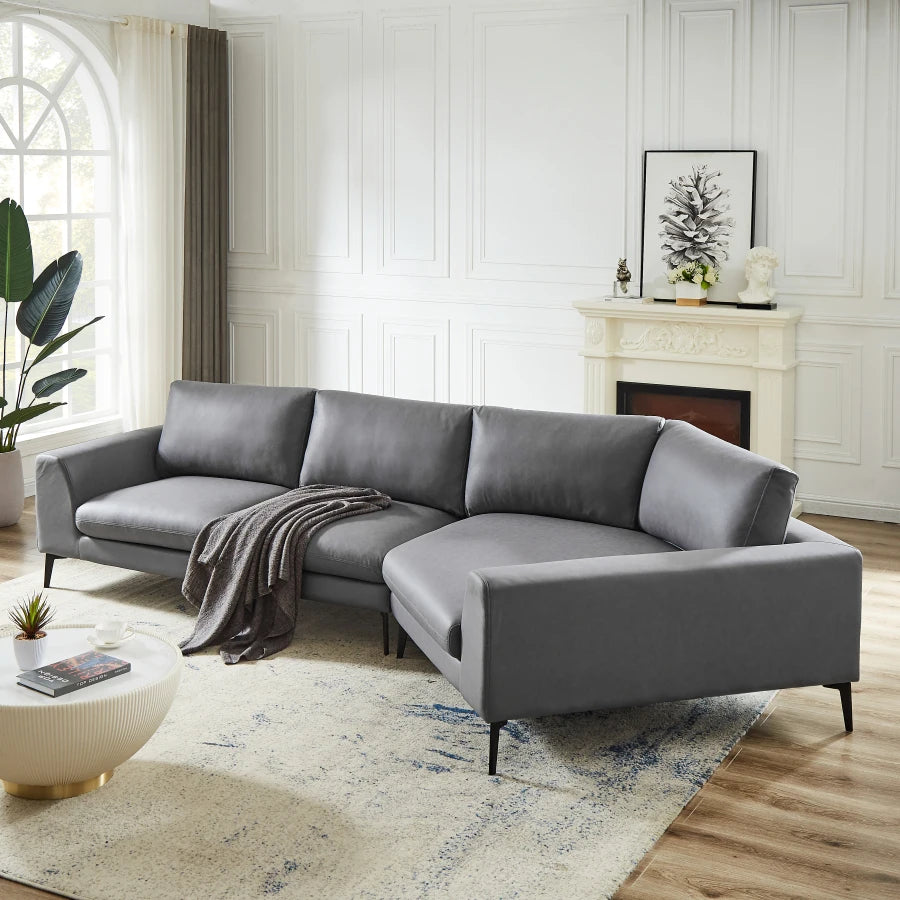 Air Leather Corner Sectional Sofa with Metal Legs, Huge Corner Wedge Design, Modern English Arm Sofa for Living Room, Grey