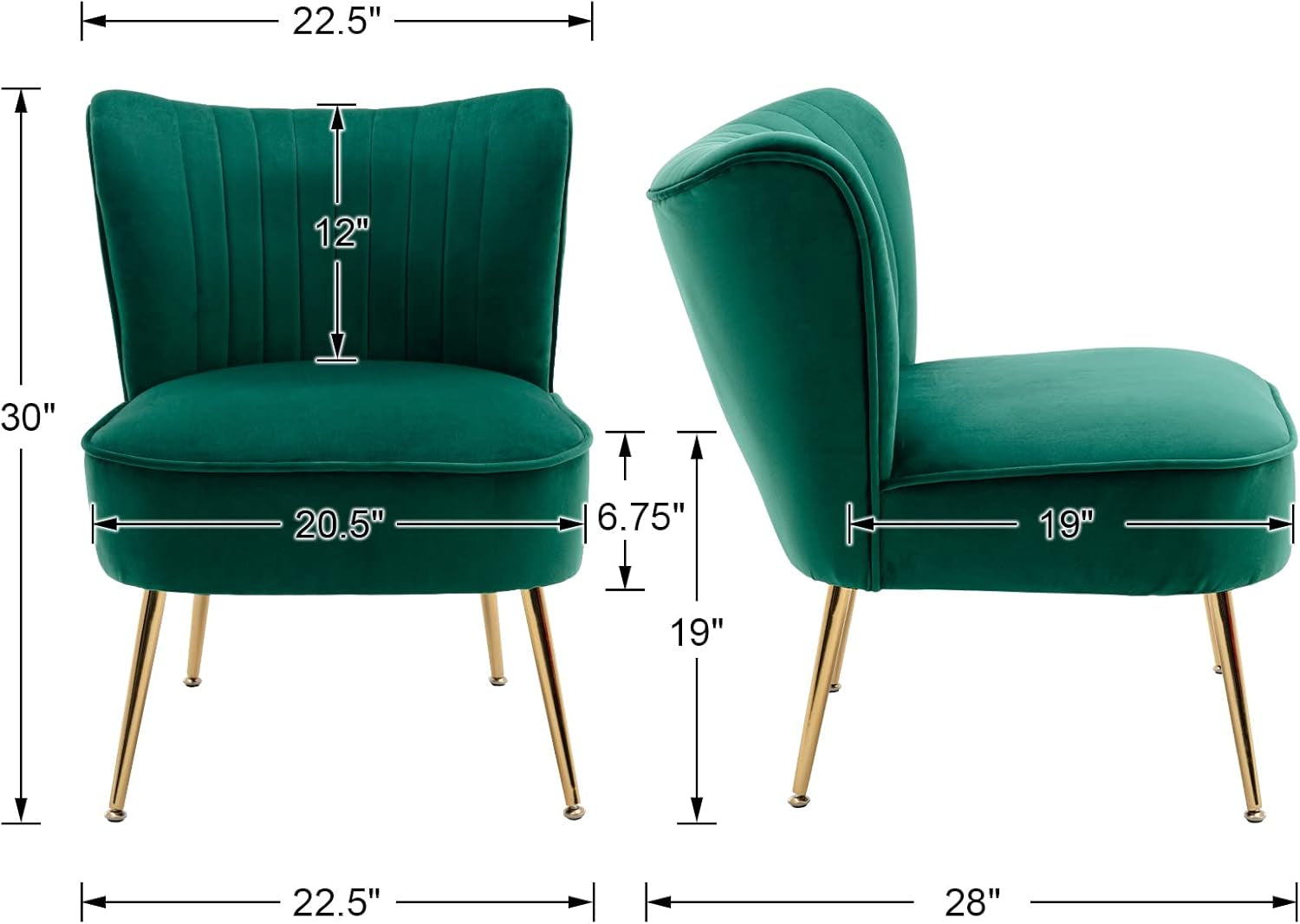 Velvet Accent Chairs Set of 2 Modern Armless Slipper Chair Wingback Single Sofa Side Chair Comfy Corner Chair with Golden Legs for Living Room Bedroom, Green