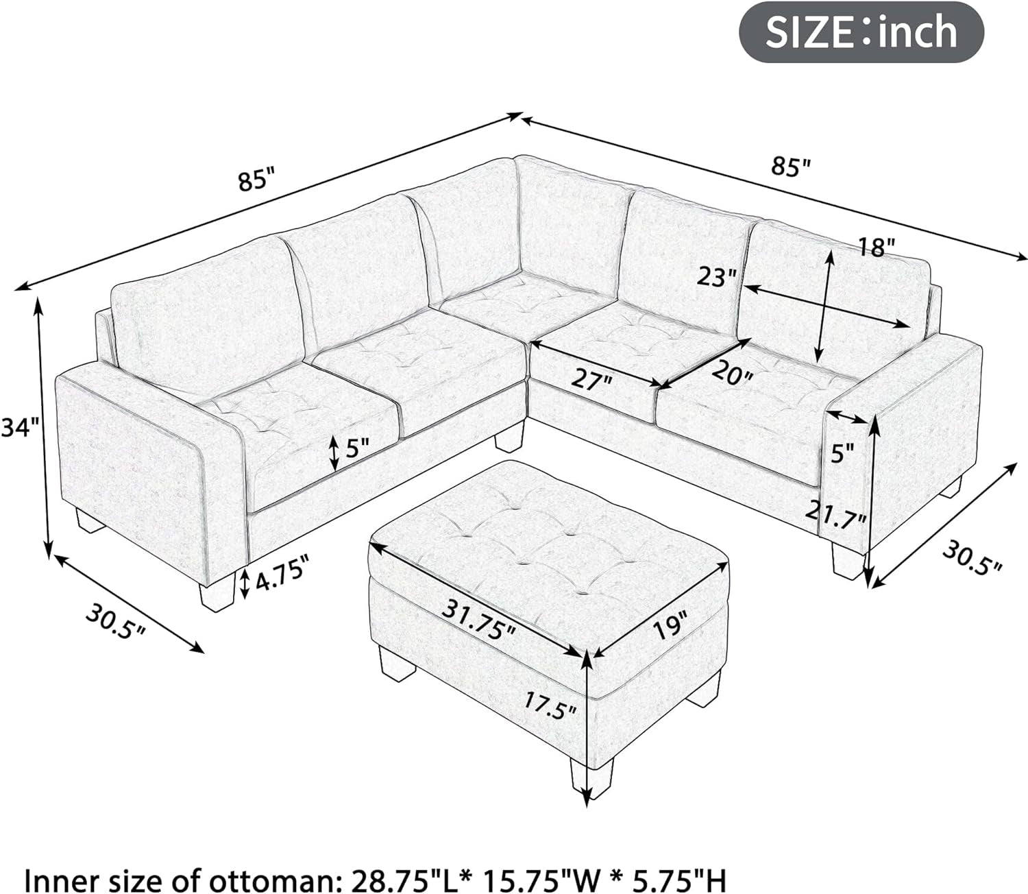 Sectional Couch,Corner Sofa, L-Shape Sofa Couch Space Saving with Storage Ottoman & Cup Holders Design for Large Space Dorm Apartment (Brown)