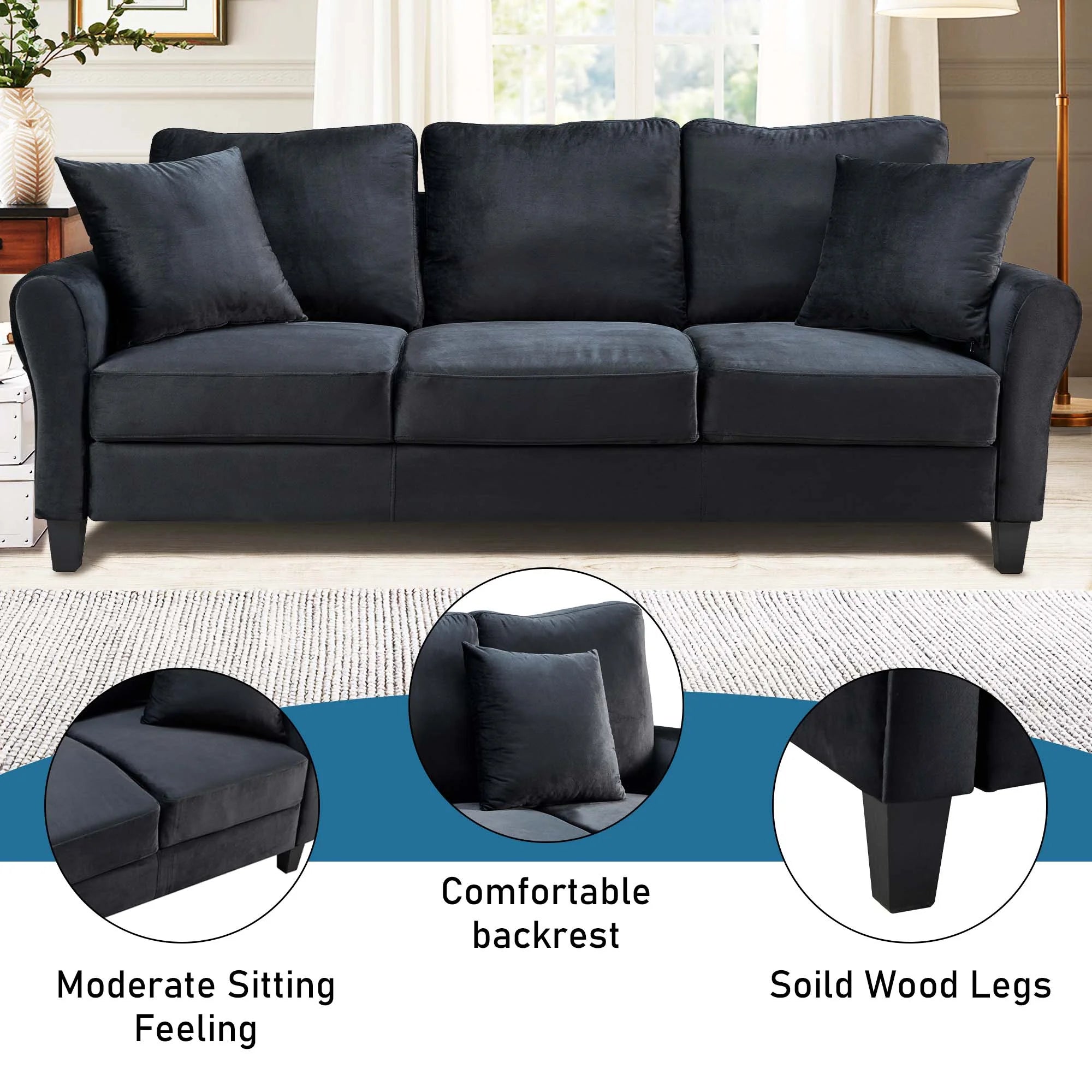 78.4" 3-Seater Sofa, Upholstered Sofa Couch for Living Room - Black