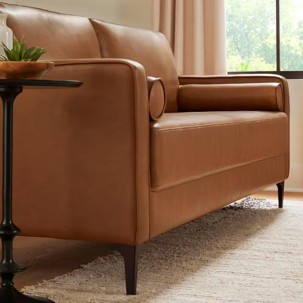 Goodwin Mid-Century Modern Sofa 75.6 In. Square Arm Faux Leather in Carmel Brown