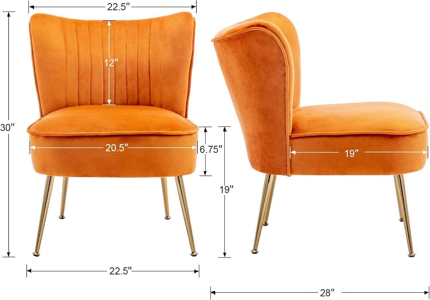 Velvet Accent Chairs Set of 2 Modern Armless Slipper Chair Wingback Single Sofa Side Chair Comfy Corner Chair with Golden Legs for Living Room Bedroom, Orange