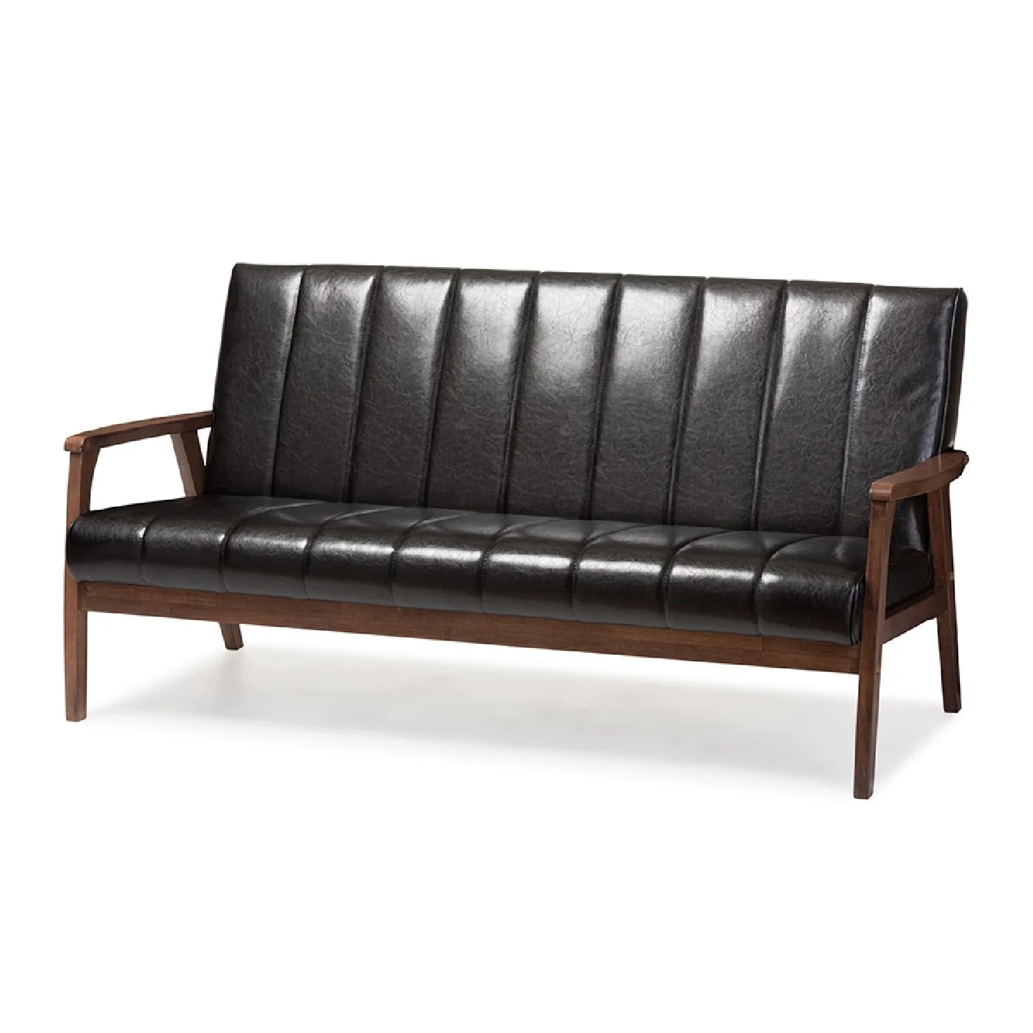 Nikko Mid-Century Modern Scandinavian Style Black Faux Leather Wooden 3-Seater Sofa