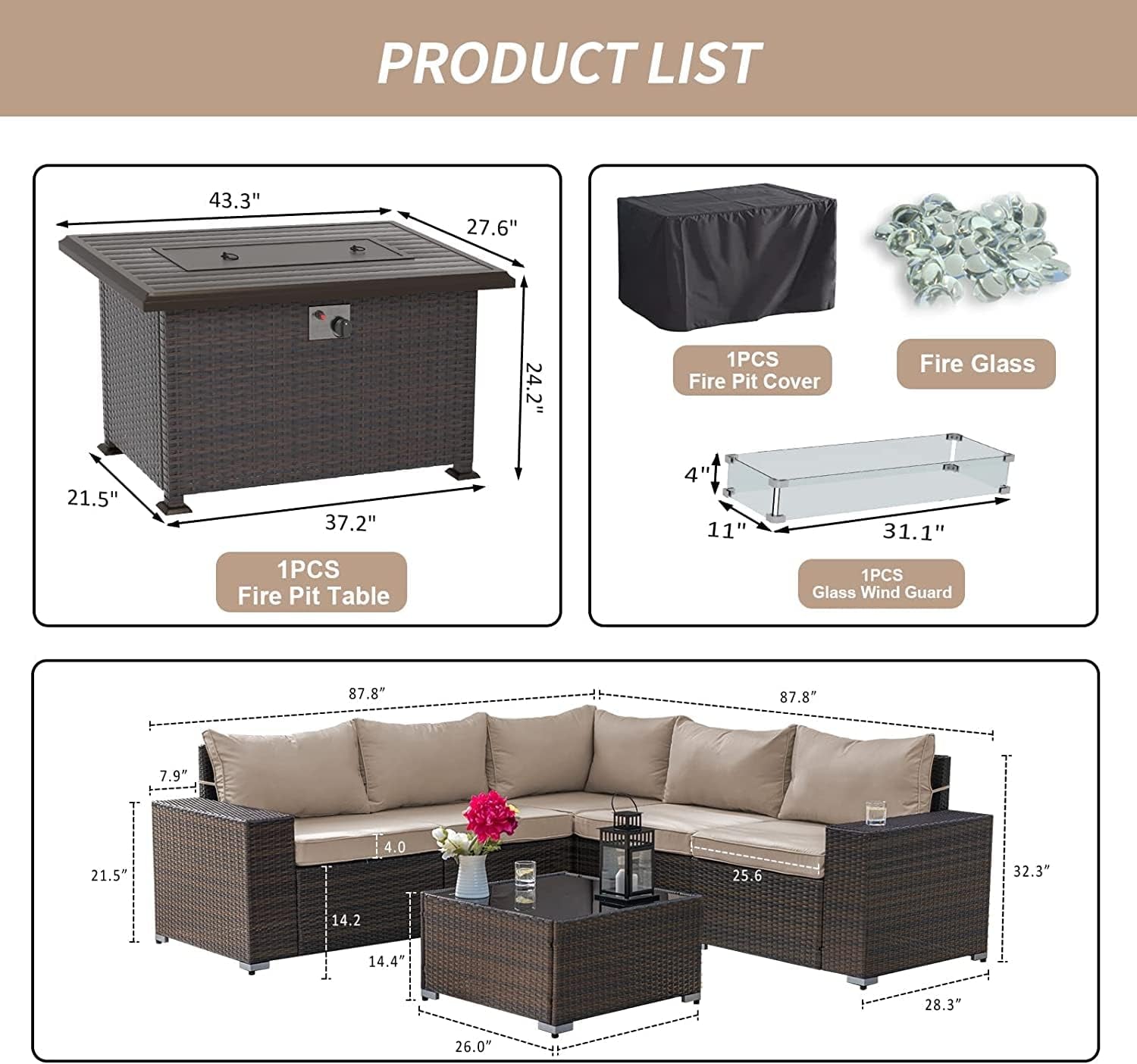 7 Pieces Outdoor Patio Furniture Set with 43" 55000BTU Gas Propane Fire Pit Table PE Wicker Rattan Sectional Sofa Patio Conversation Sets,Khaki