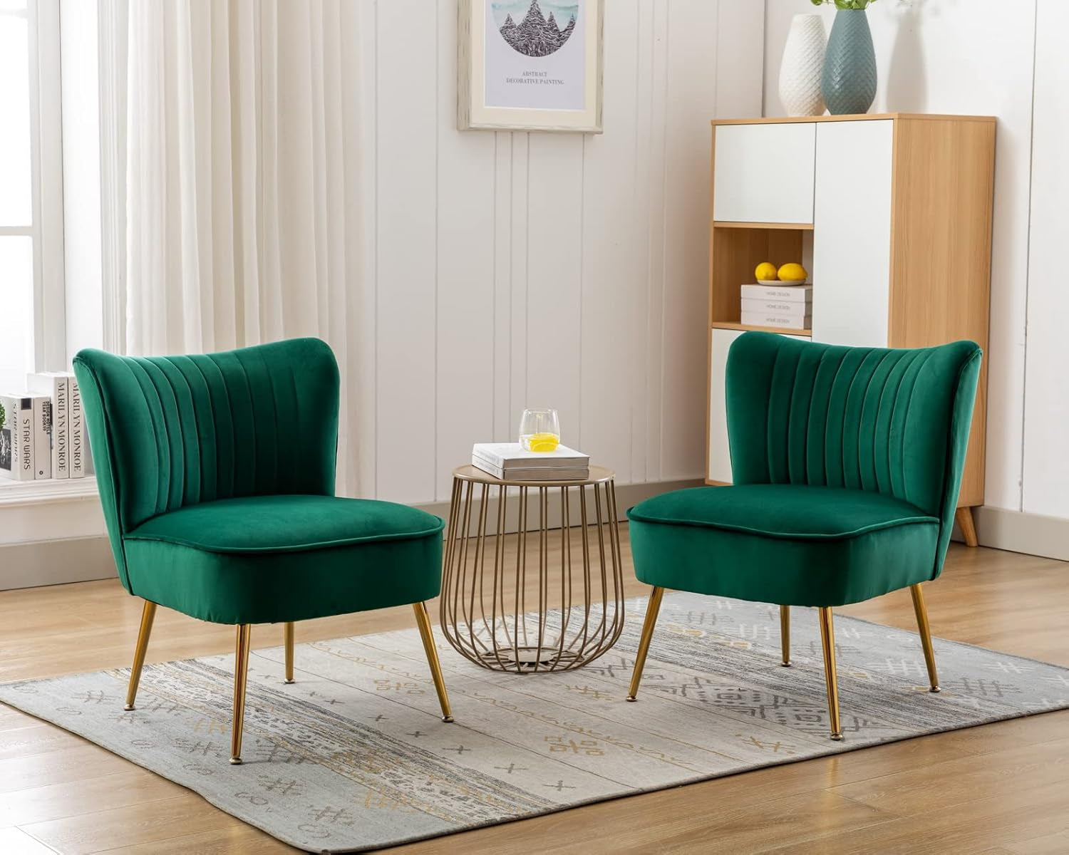 Velvet Accent Chairs Set of 2 Modern Armless Slipper Chair Wingback Single Sofa Side Chair Comfy Corner Chair with Golden Legs for Living Room Bedroom, Green