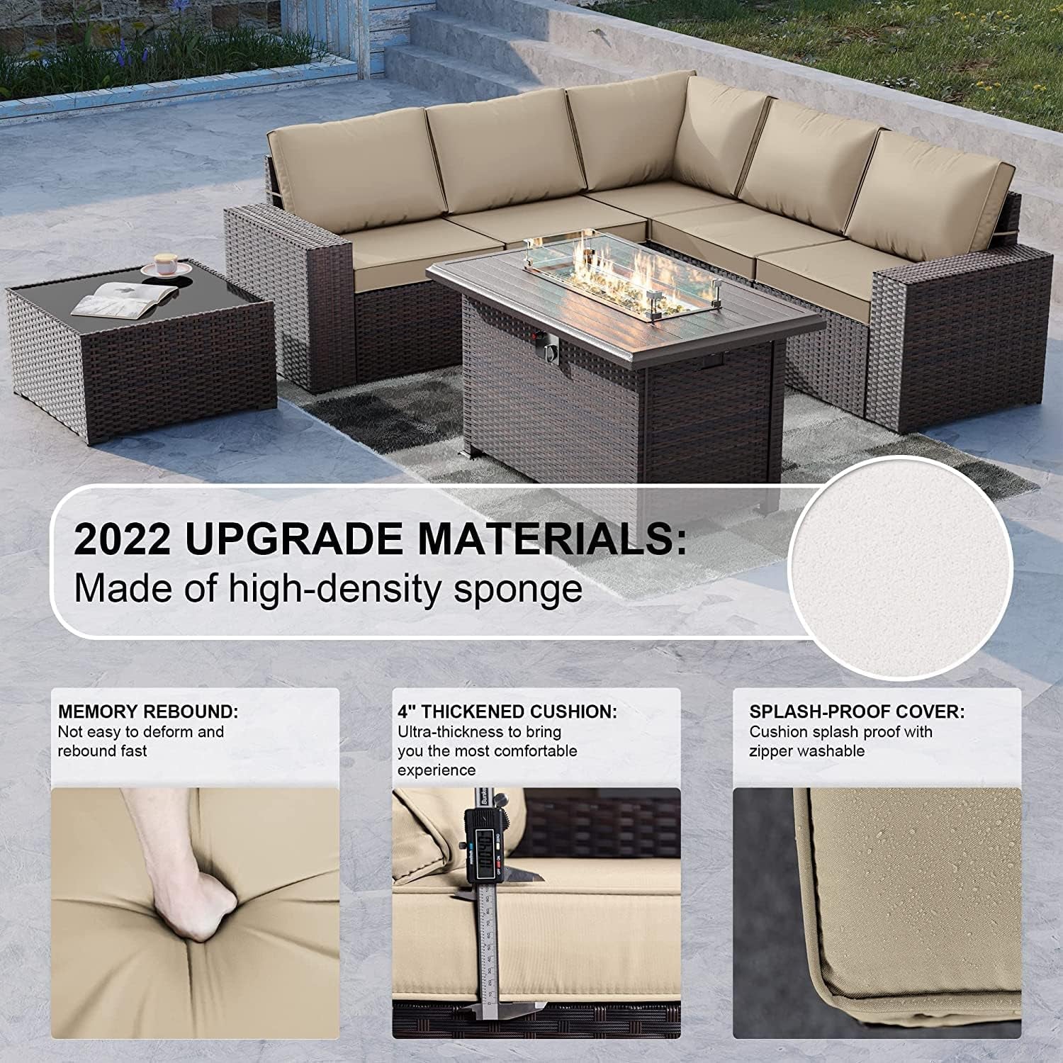 7 Pieces Outdoor Patio Furniture Set with 43" 55000BTU Gas Propane Fire Pit Table PE Wicker Rattan Sectional Sofa Patio Conversation Sets,Khaki