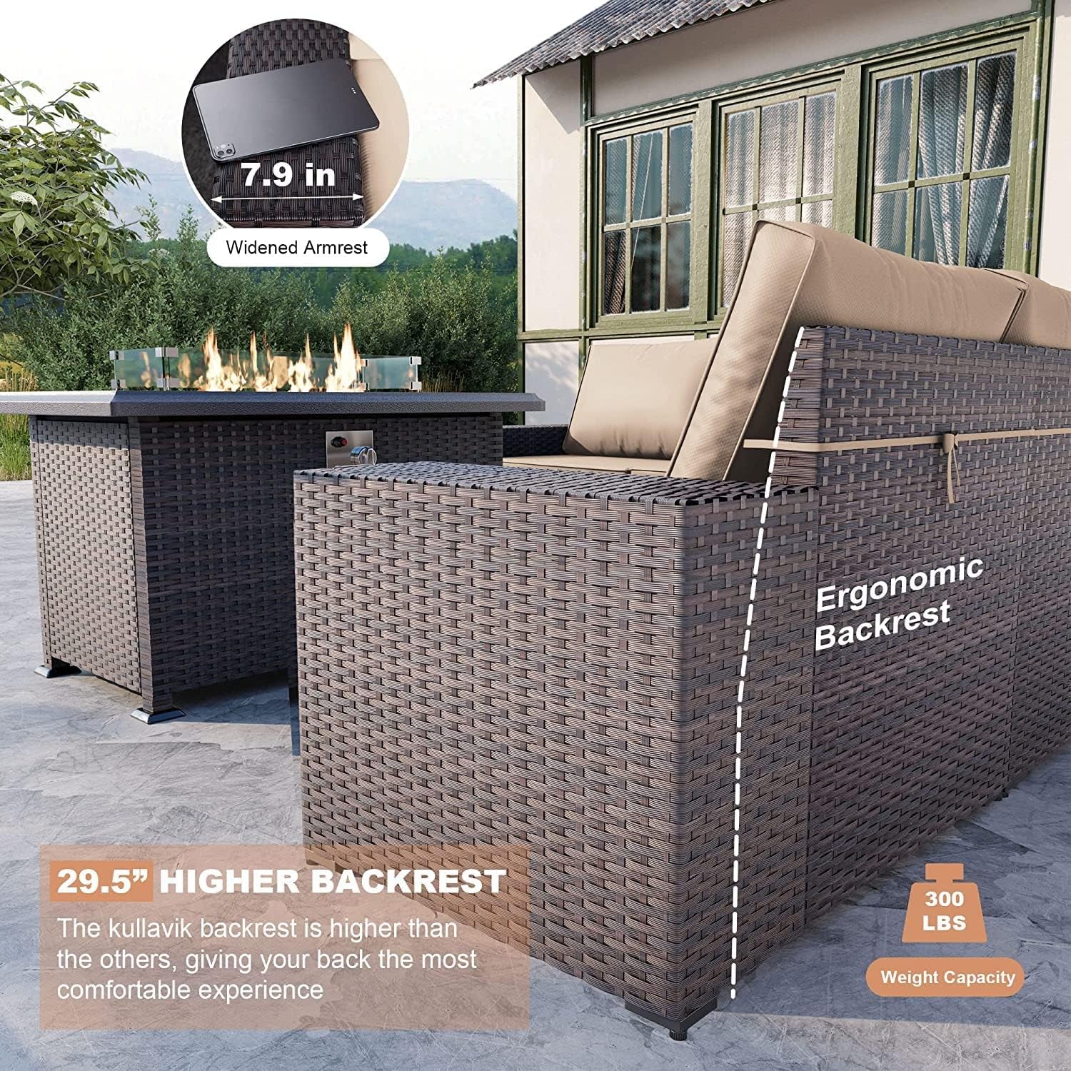 7 Pieces Outdoor Patio Furniture Set with 43" 55000BTU Gas Propane Fire Pit Table PE Wicker Rattan Sectional Sofa Patio Conversation Sets,Khaki