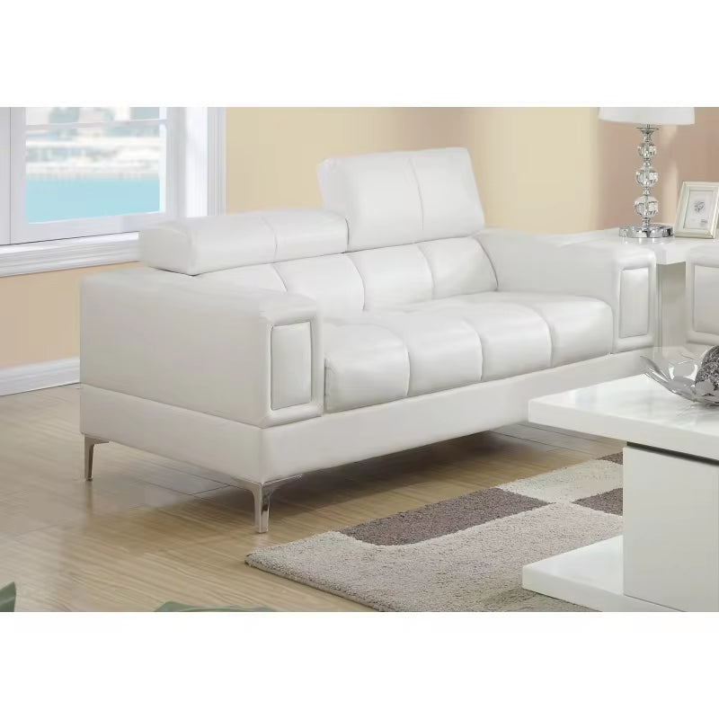 White Faux Leather Living Room 2Pc Sofa Set Sofa and Loveseat Furniture Couch Unique Design Metal Legs Adjustable Headrest