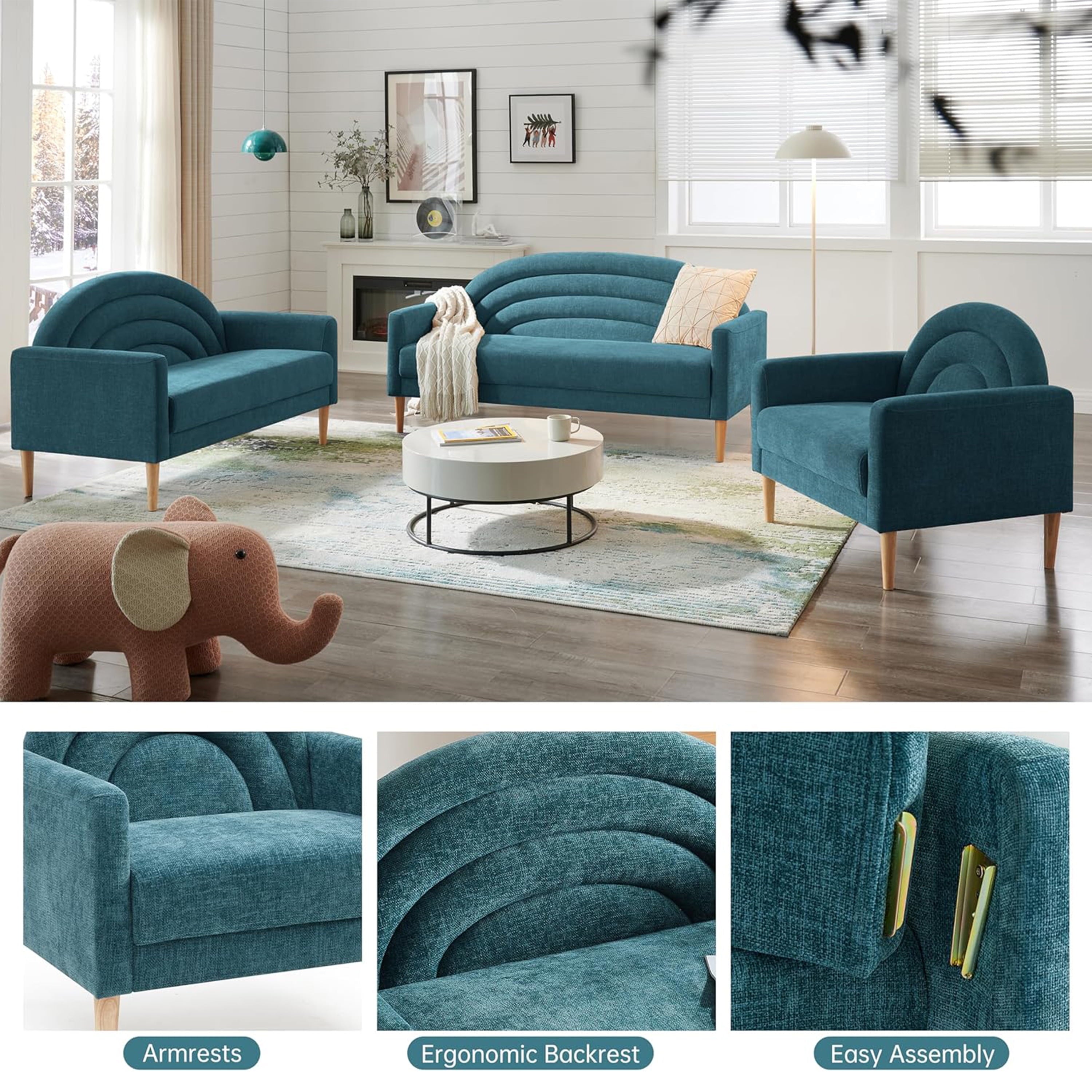 Upholstered Vibrant Rainbow Design, Premium Loveseat, Three-Seater Sofa, and Armchair for Stylish Living Space