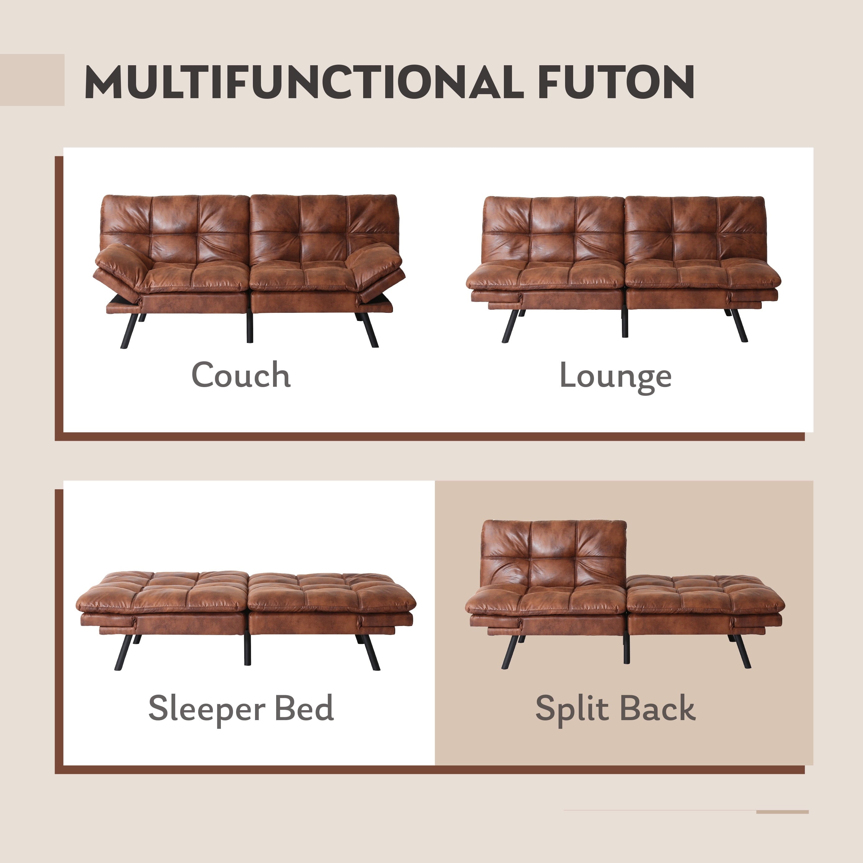 Convertible Futon Sofa Bed, Sleeper Sofa with Adjustable Armrest, Memory Foam Futon Couch, Brown