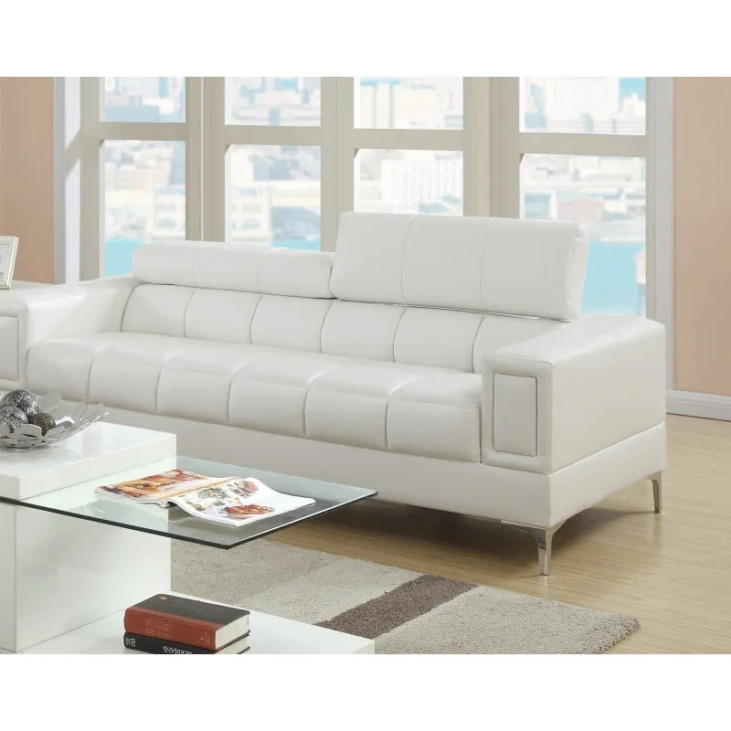 White Faux Leather Living Room 2Pc Sofa Set Sofa and Loveseat Furniture Couch Unique Design Metal Legs Adjustable Headrest