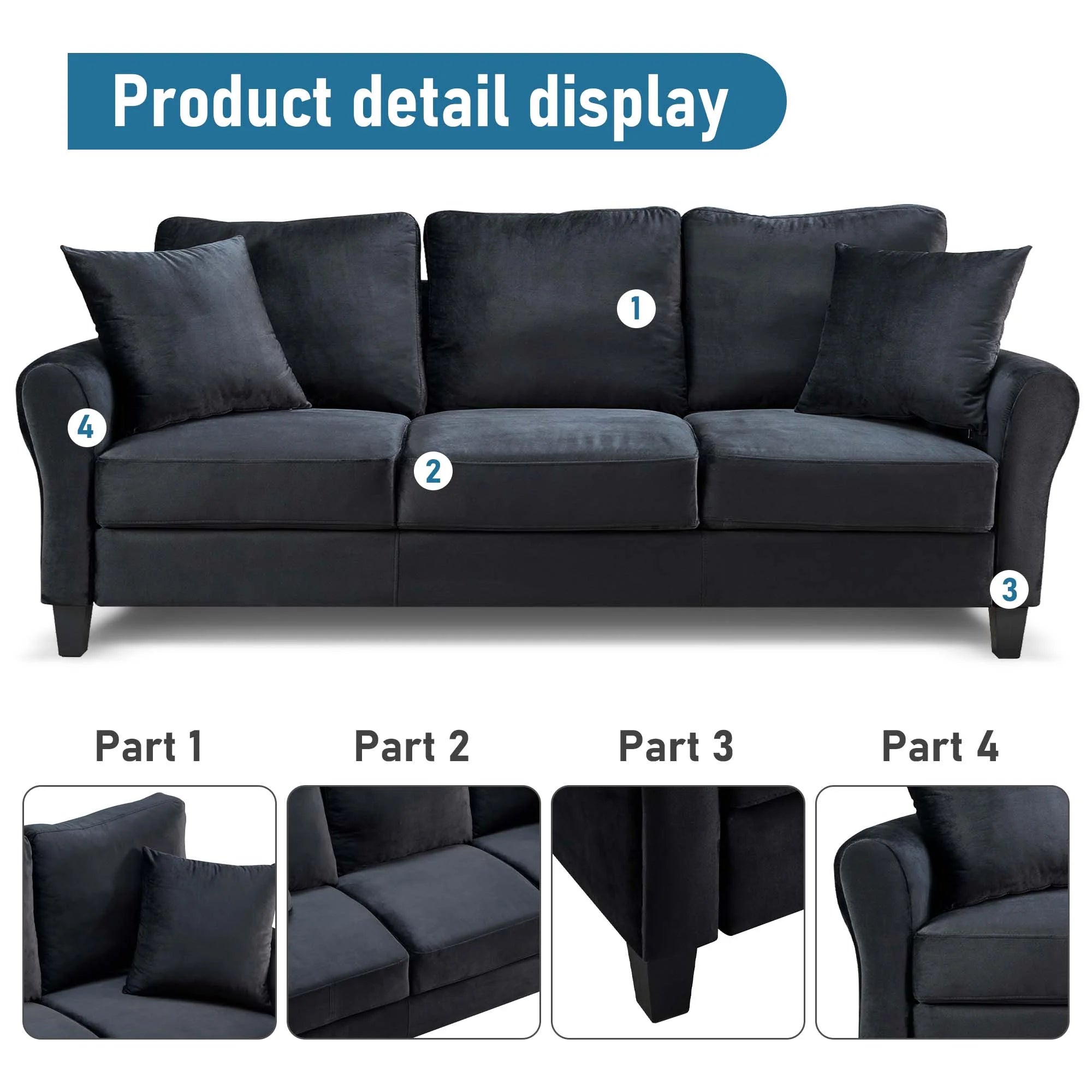 78.4" 3-Seater Sofa, Upholstered Sofa Couch for Living Room - Black