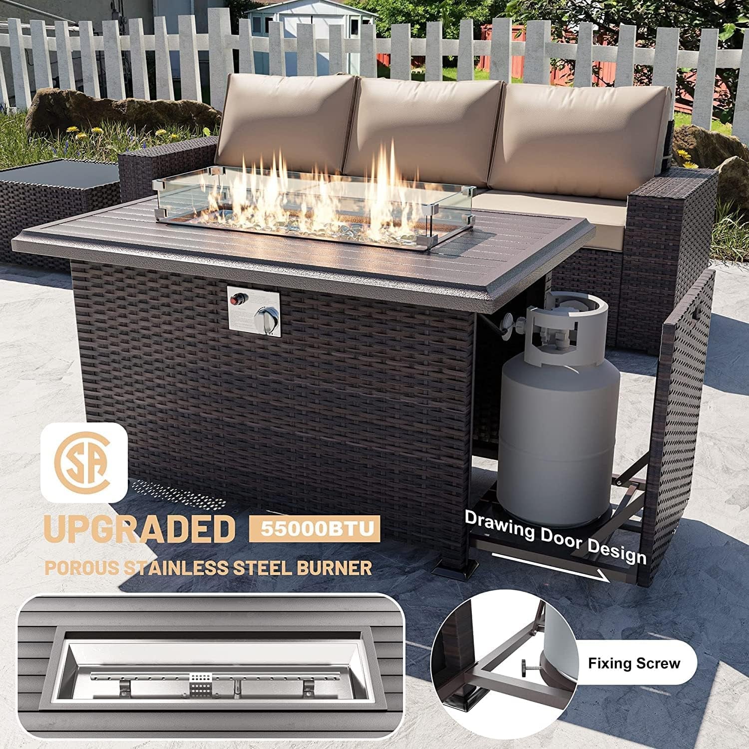 7 Pieces Outdoor Patio Furniture Set with 43" 55000BTU Gas Propane Fire Pit Table PE Wicker Rattan Sectional Sofa Patio Conversation Sets,Khaki