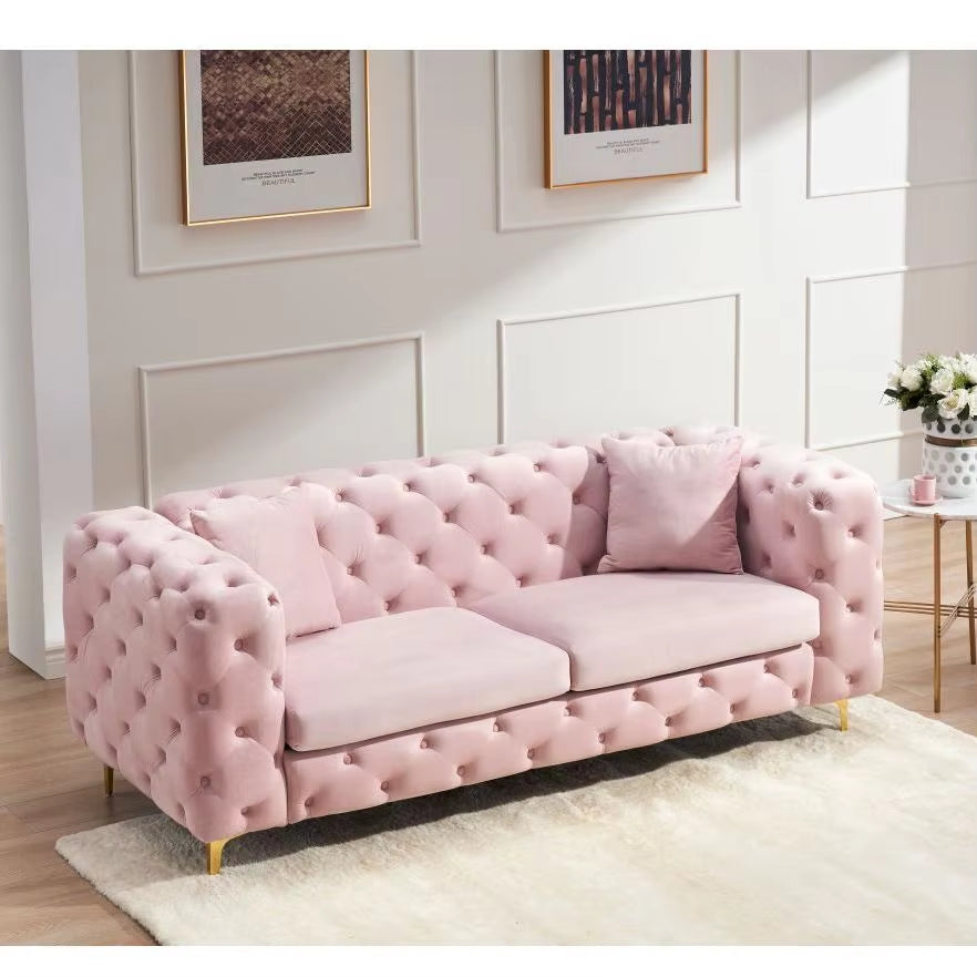 Pink Fabric Sofa Medieval Style Living Room Sleeper Sofa Tufted Wood Frame Split Design