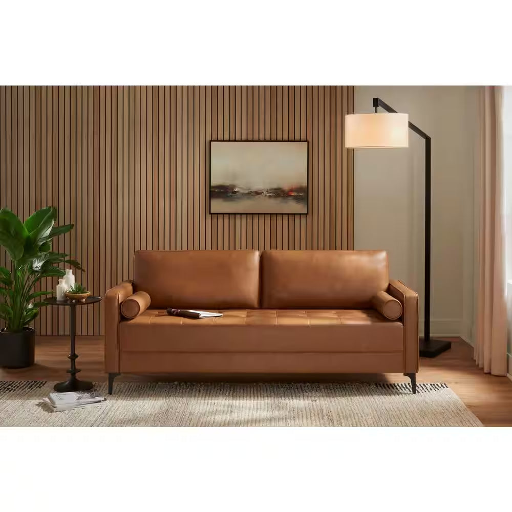 Goodwin Mid-Century Modern Sofa 75.6 In. Square Arm Faux Leather in Carmel Brown