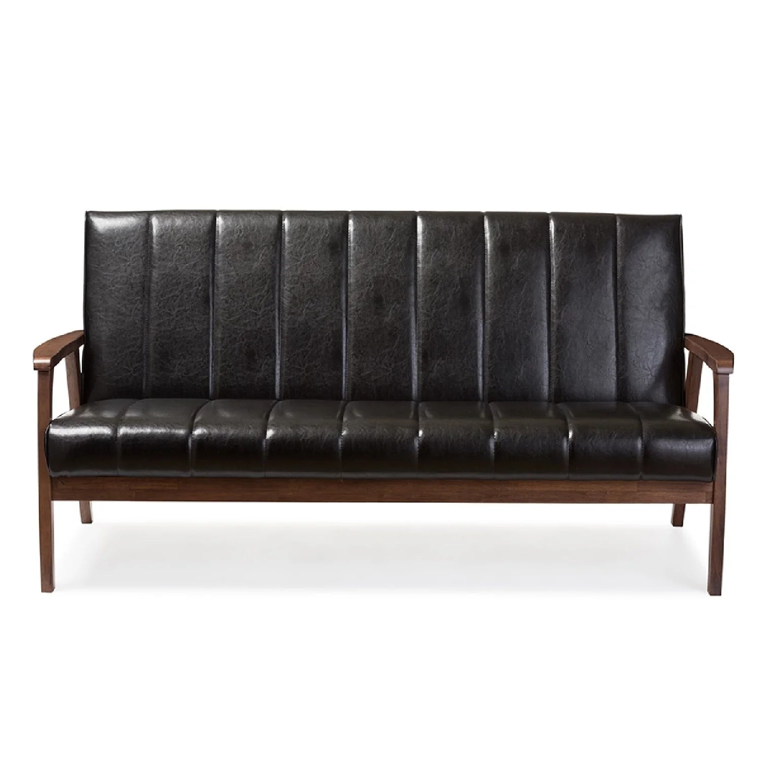 Nikko Mid-Century Modern Scandinavian Style Black Faux Leather Wooden 3-Seater Sofa