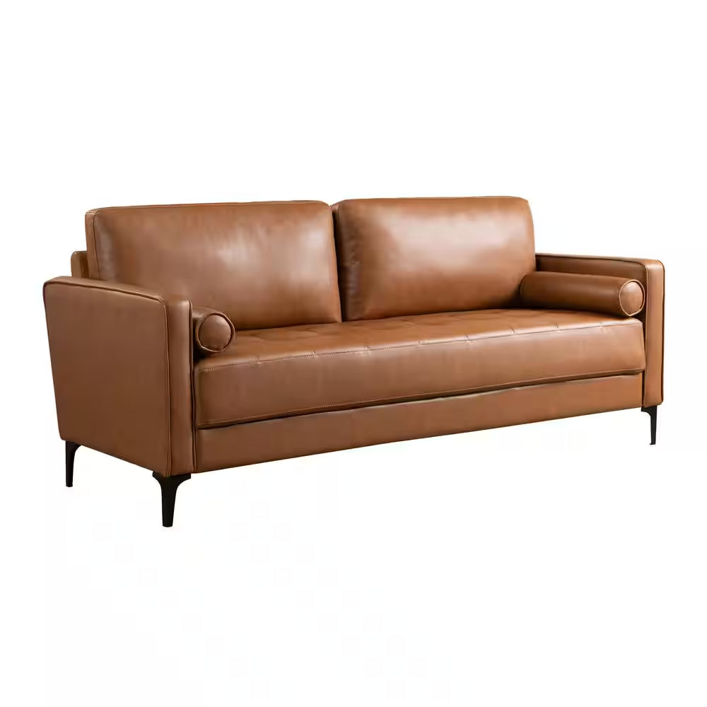 Goodwin Mid-Century Modern Sofa 75.6 In. Square Arm Faux Leather in Carmel Brown