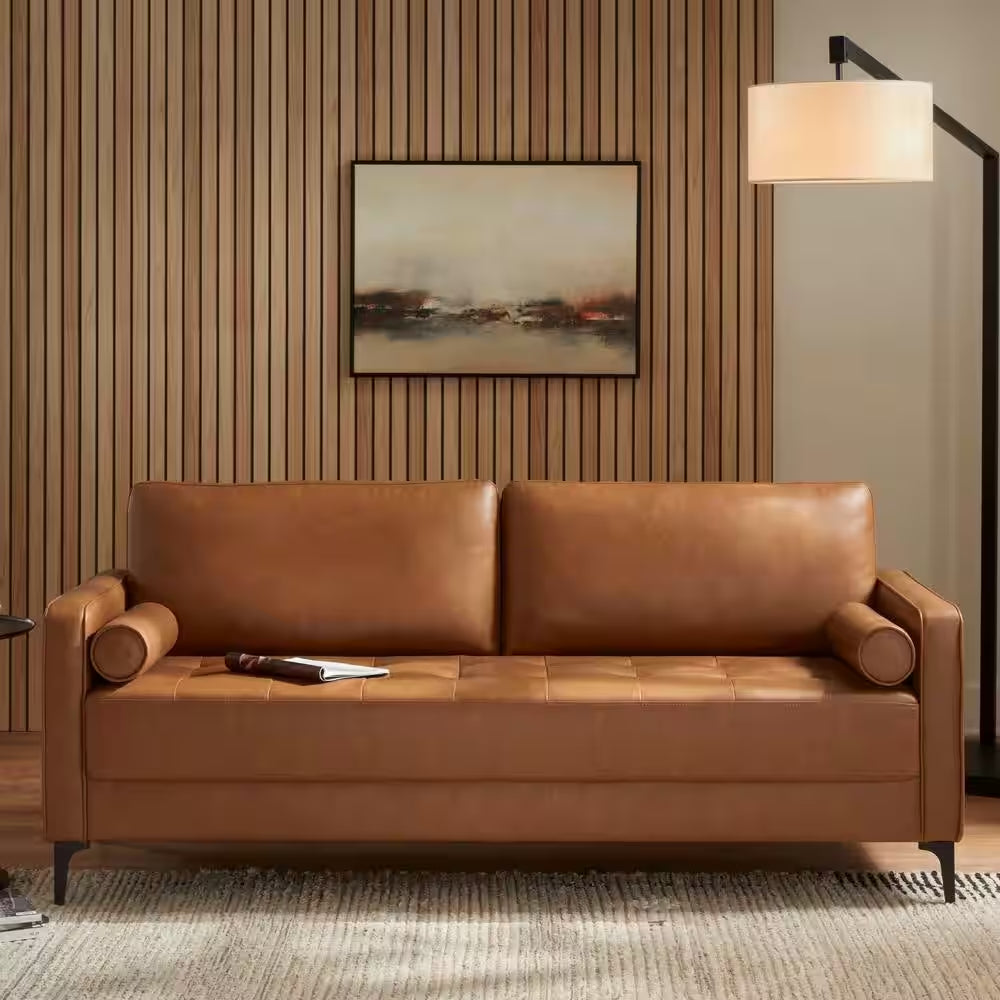 Goodwin Mid-Century Modern Sofa 75.6 In. Square Arm Faux Leather in Carmel Brown