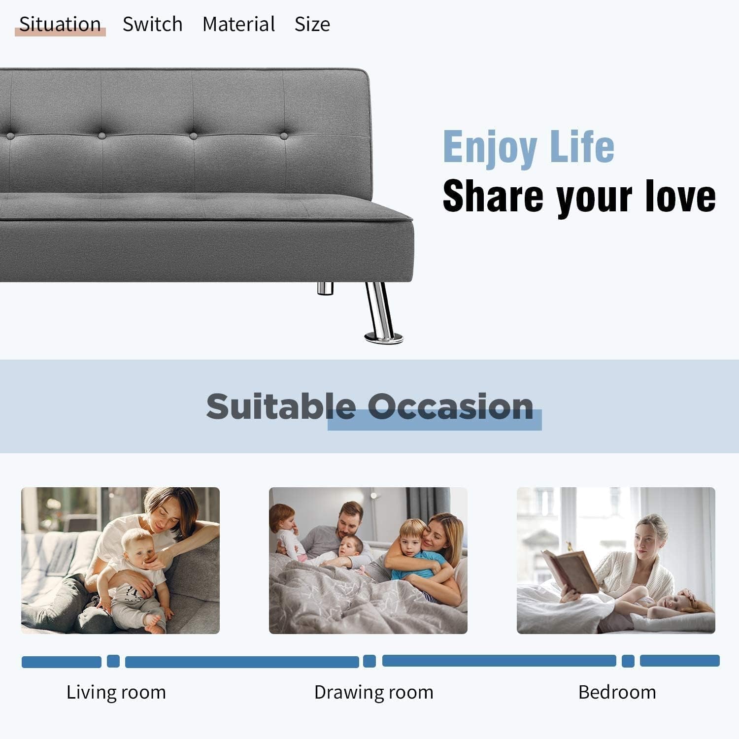 Futon Sofa Bed Modern Collection Convertible Fabric Folding Recliner Lounge Couch for Living Room with Chrome Legs, Grey