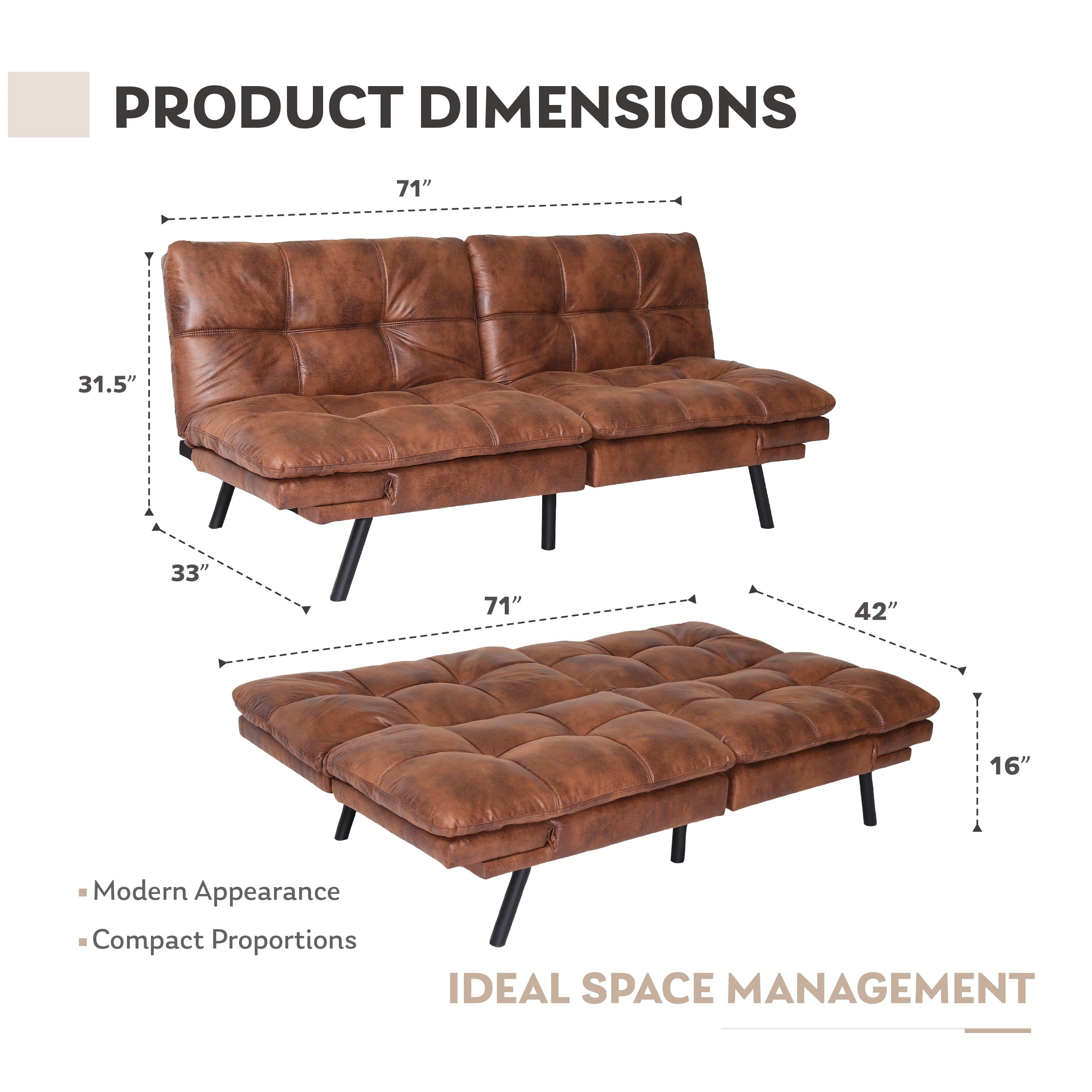 Convertible Futon Sofa Bed, Sleeper Sofa with Adjustable Armrest, Memory Foam Futon Couch, Brown