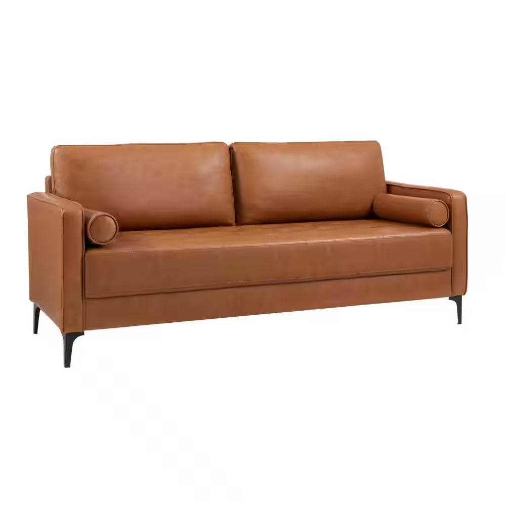 Goodwin Mid-Century Modern Sofa 75.6 In. Square Arm Faux Leather in Carmel Brown