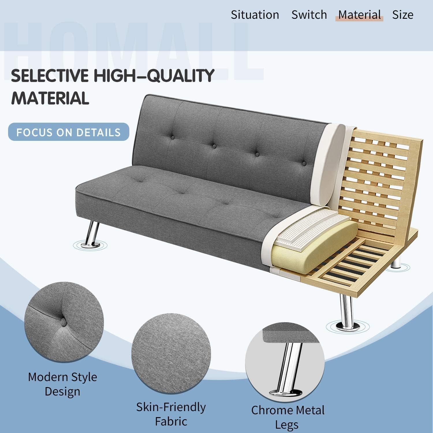 Futon Sofa Bed Modern Collection Convertible Fabric Folding Recliner Lounge Couch for Living Room with Chrome Legs, Grey