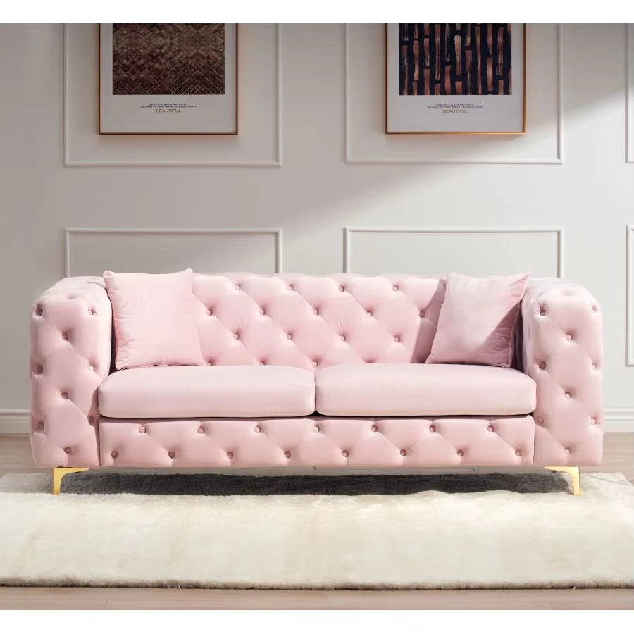 Pink Fabric Sofa Medieval Style Living Room Sleeper Sofa Tufted Wood Frame Split Design