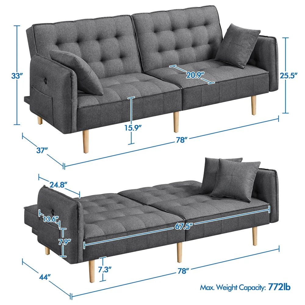 Memory Foam Convertible Futon Sofa Bed with USB, Gray