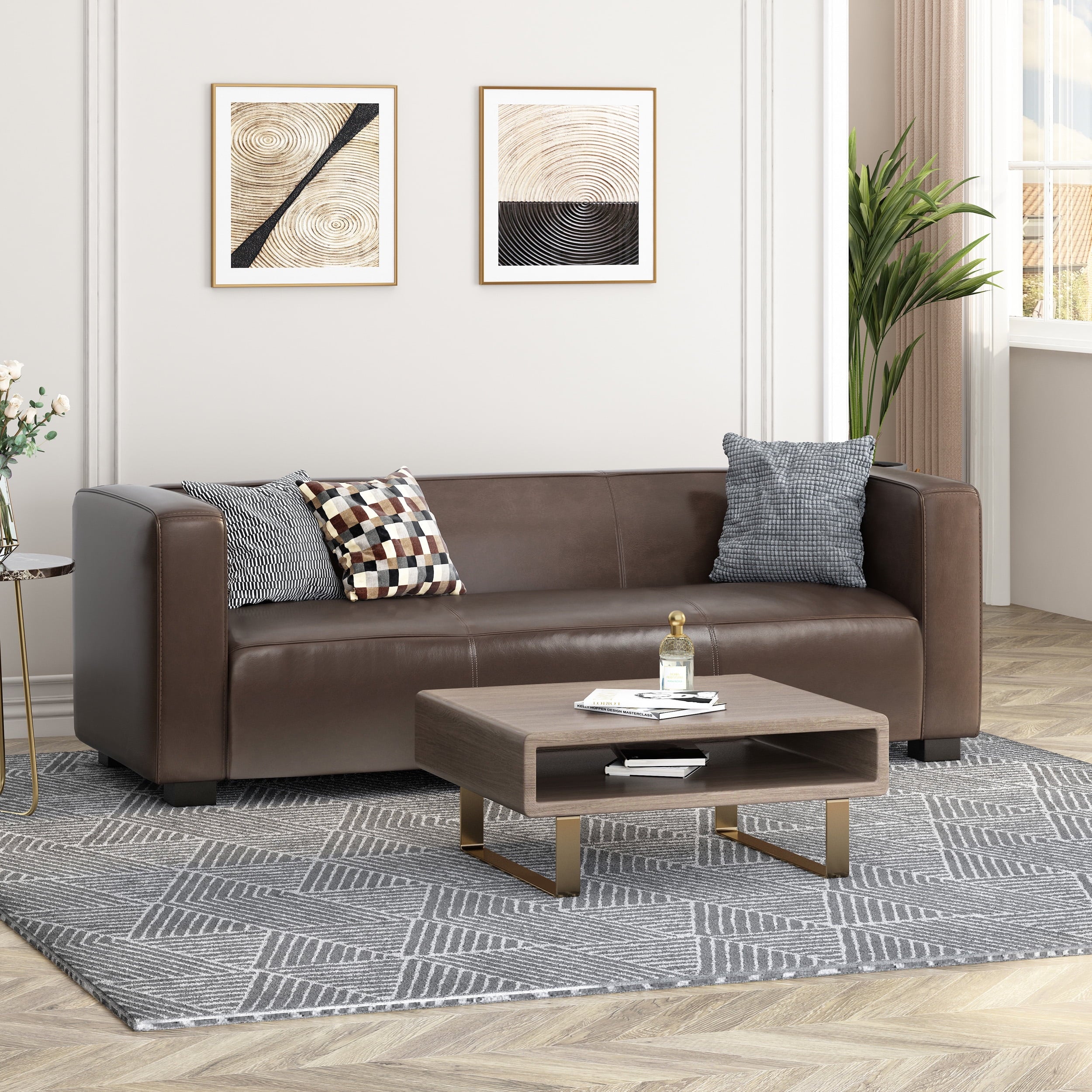 Minkler Contemporary Faux Leather 3 Seater Sofa, Dark Brown and Dark Walnut