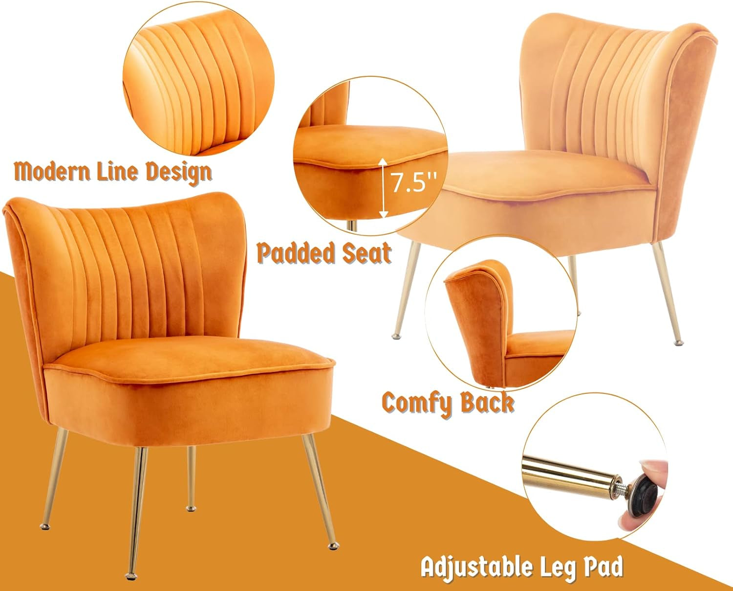 Velvet Accent Chairs Set of 2 Modern Armless Slipper Chair Wingback Single Sofa Side Chair Comfy Corner Chair with Golden Legs for Living Room Bedroom, Orange