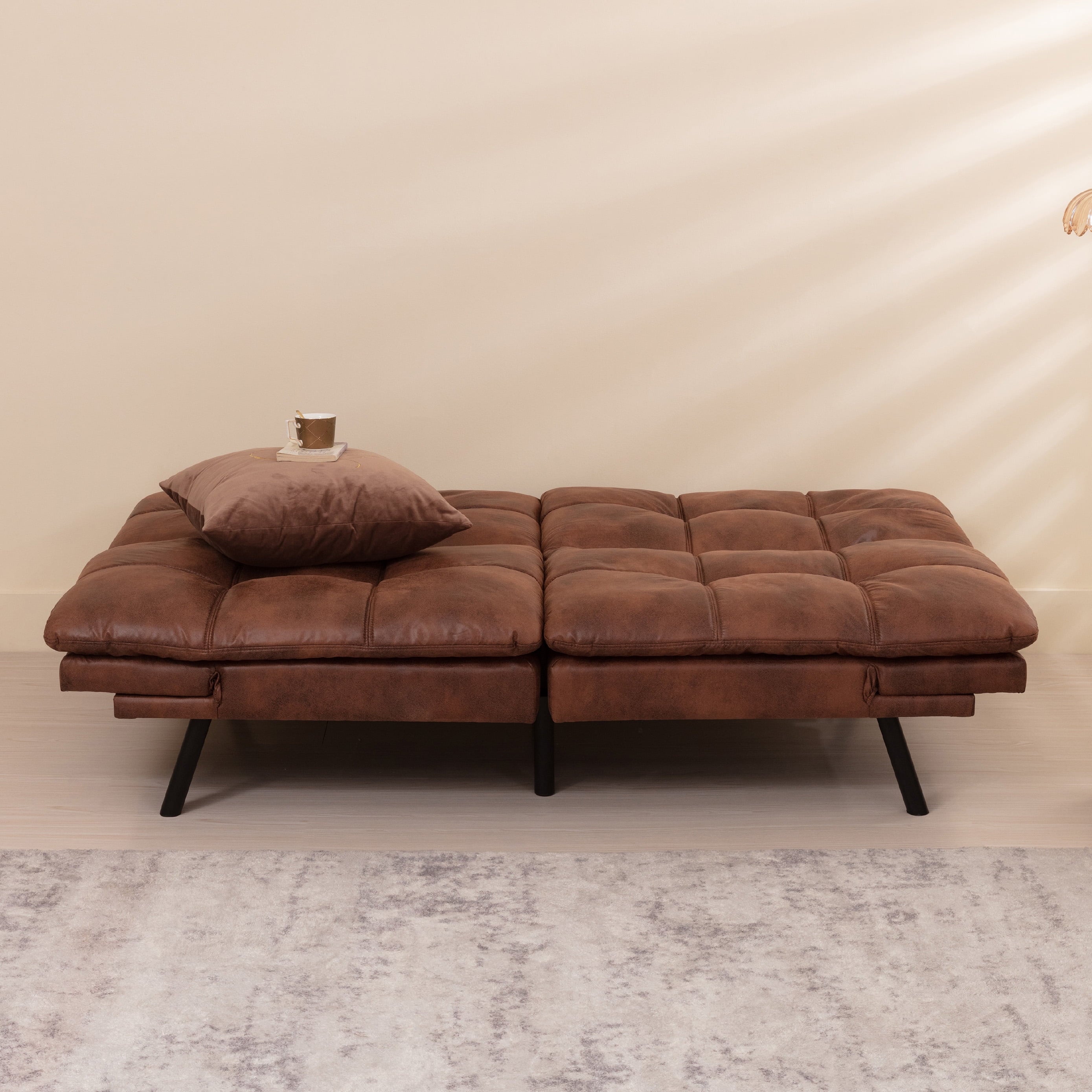 Convertible Futon Sofa Bed, Sleeper Sofa with Adjustable Armrest, Memory Foam Futon Couch, Brown