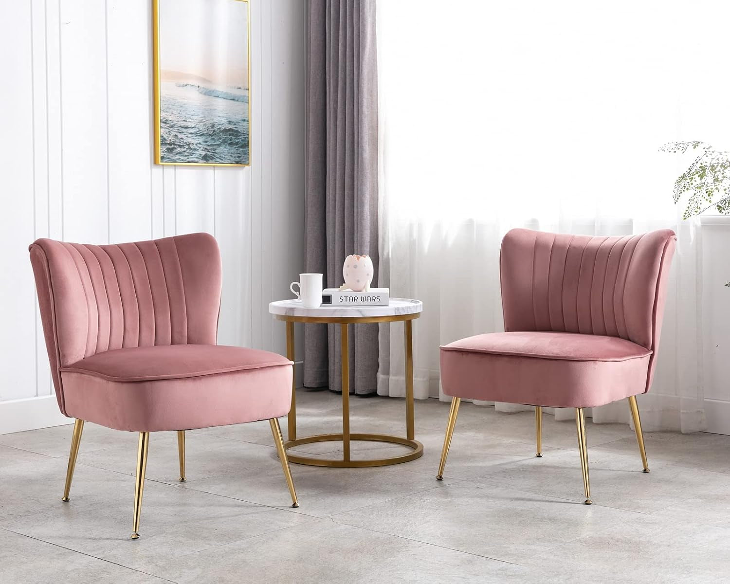 Velvet Accent Chairs Set of 2 Modern Armless Slipper Chair Wingback Single Sofa Side Chair Comfy Corner Chair with Golden Legs for Living Room Bedroom, Pink