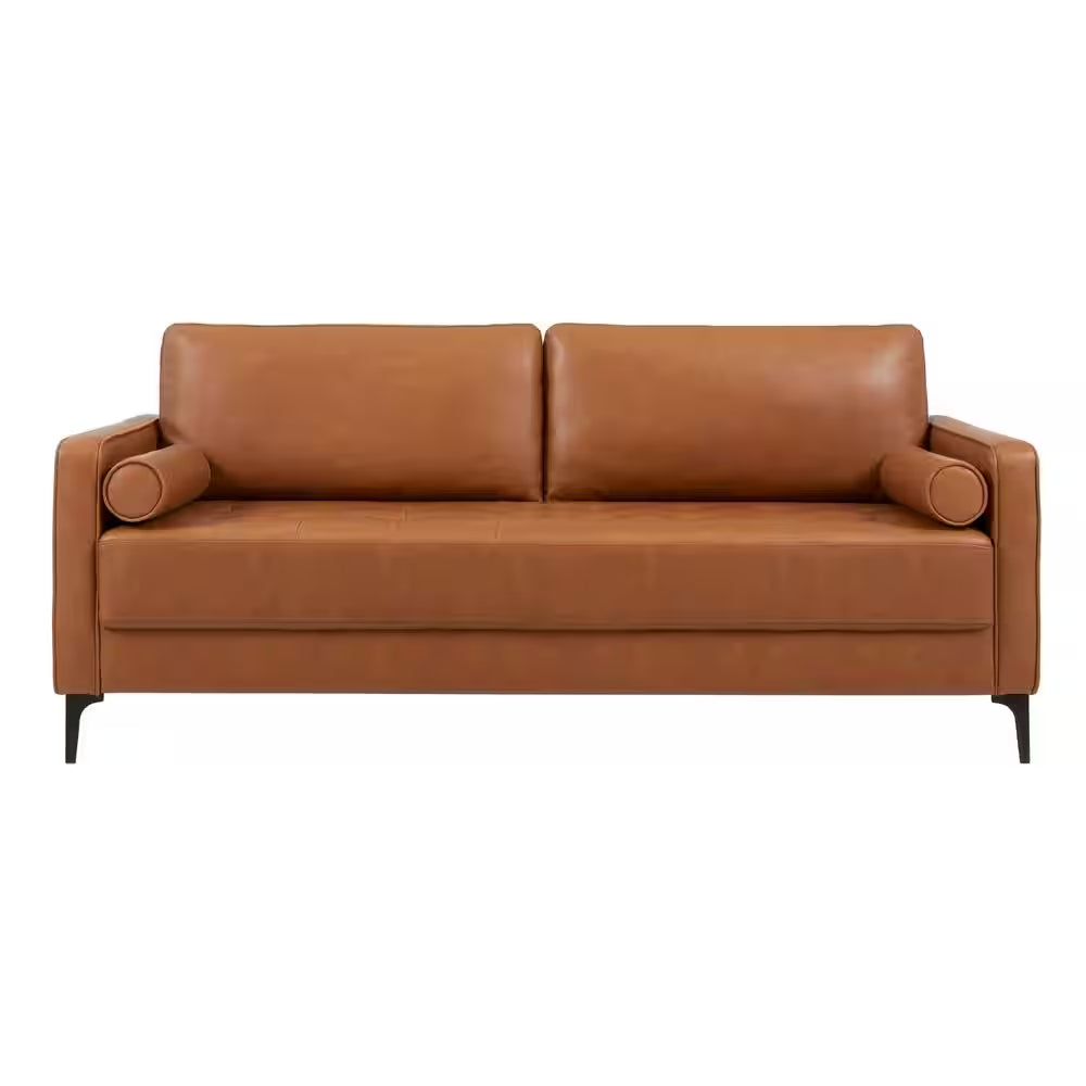 Goodwin Mid-Century Modern Sofa 75.6 In. Square Arm Faux Leather in Carmel Brown