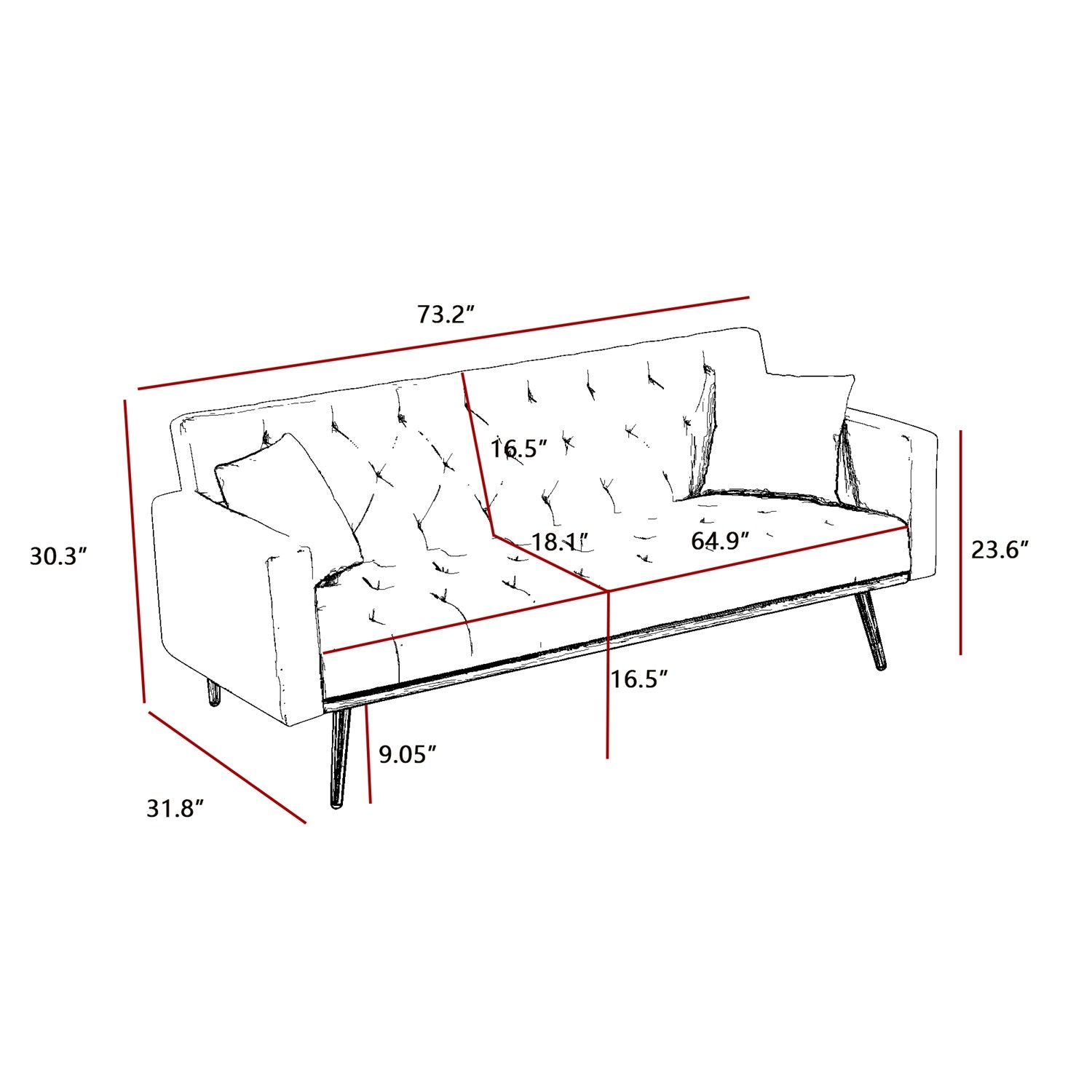 67.5" W, Sofa Bed, Couch for Apartment Convertible Sleeper Sofa with Tapered Legs, Small Splitback Sofa for Living Room, White