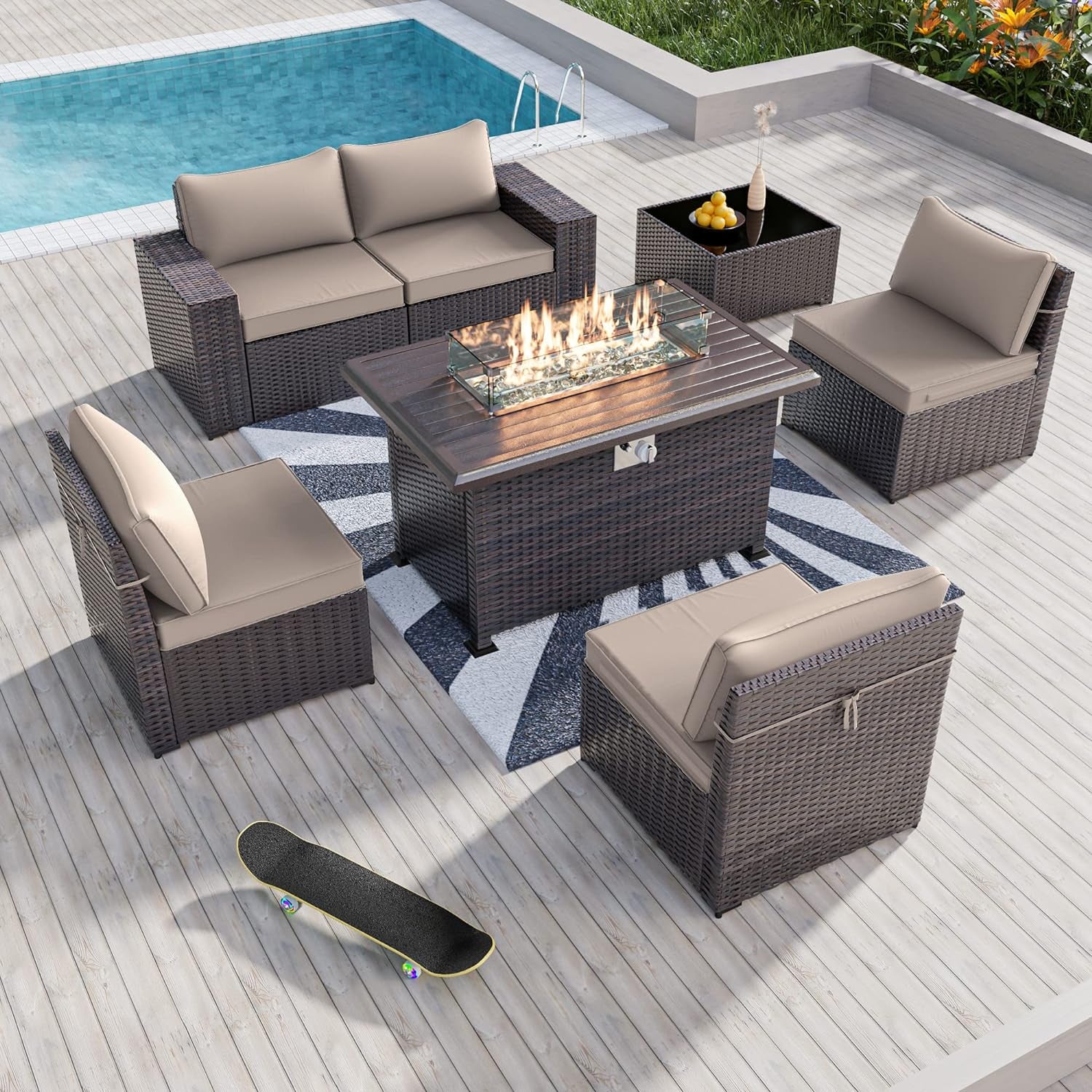 7 Pieces Outdoor Patio Furniture Set with 43" 55000BTU Gas Propane Fire Pit Table PE Wicker Rattan Sectional Sofa Patio Conversation Sets,Khaki