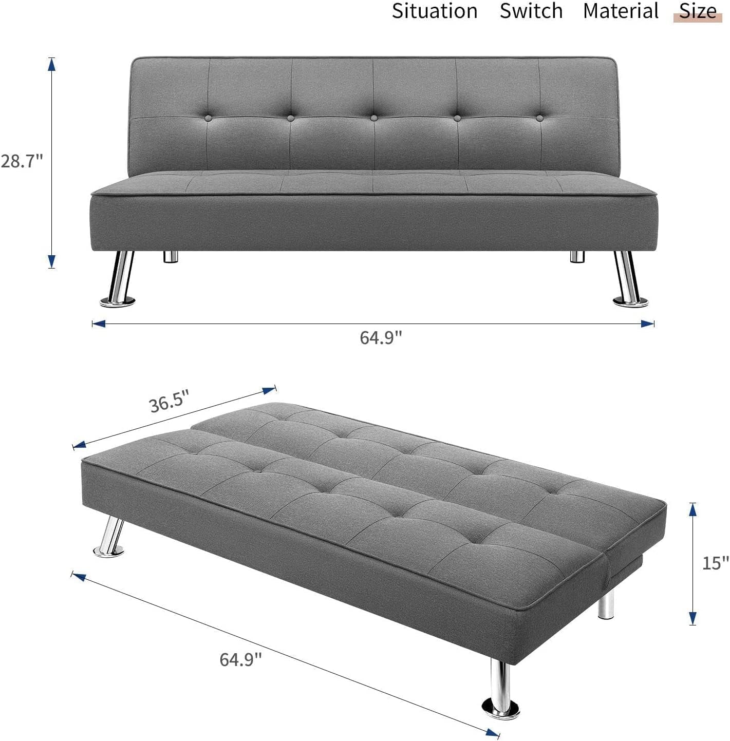 Futon Sofa Bed Modern Collection Convertible Fabric Folding Recliner Lounge Couch for Living Room with Chrome Legs, Grey