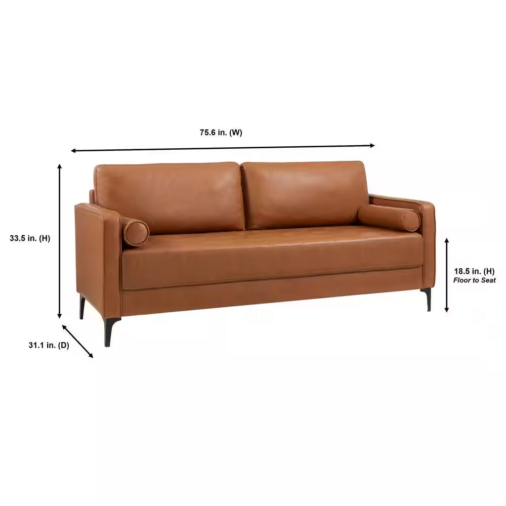 Goodwin Mid-Century Modern Sofa 75.6 In. Square Arm Faux Leather in Carmel Brown