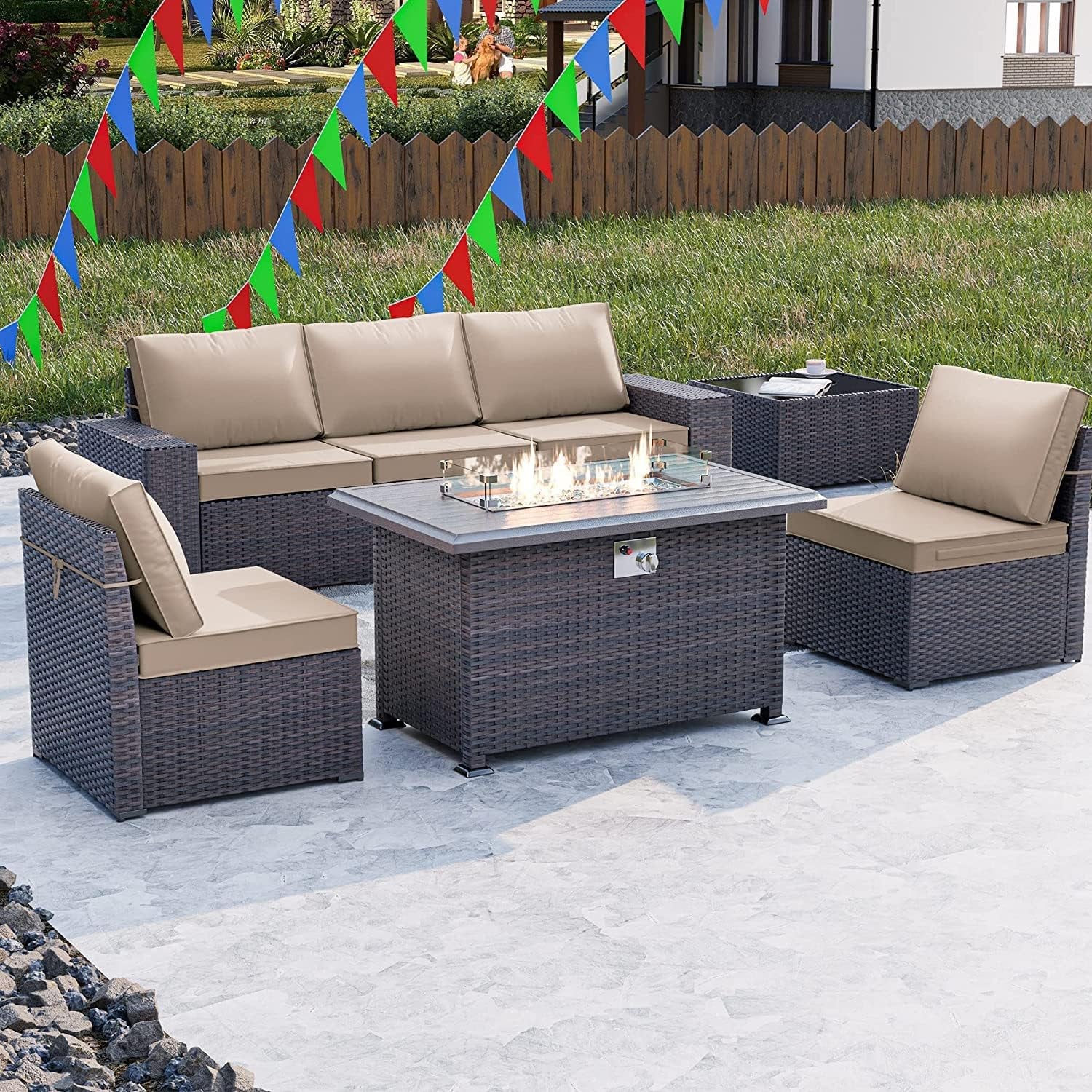 7 Pieces Outdoor Patio Furniture Set with 43" 55000BTU Gas Propane Fire Pit Table PE Wicker Rattan Sectional Sofa Patio Conversation Sets,Khaki