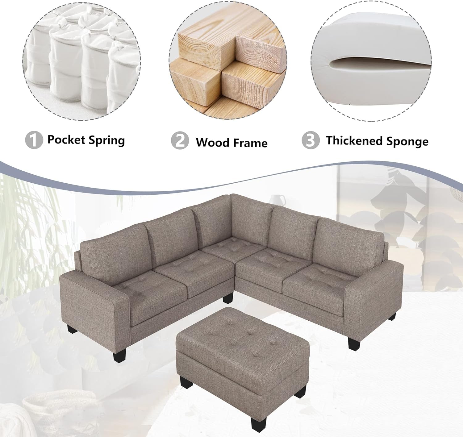 Sectional Couch,Corner Sofa, L-Shape Sofa Couch Space Saving with Storage Ottoman & Cup Holders Design for Large Space Dorm Apartment (Brown)