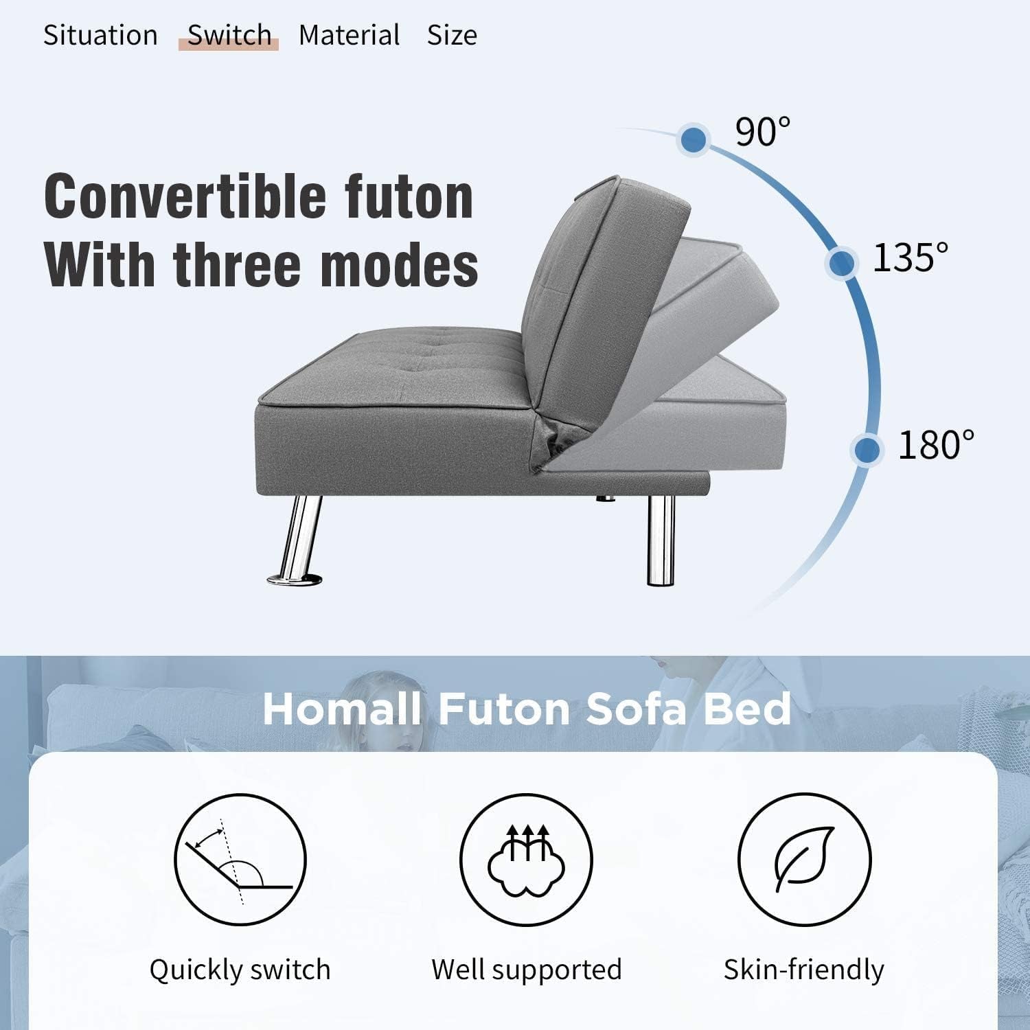 Futon Sofa Bed Modern Collection Convertible Fabric Folding Recliner Lounge Couch for Living Room with Chrome Legs, Grey