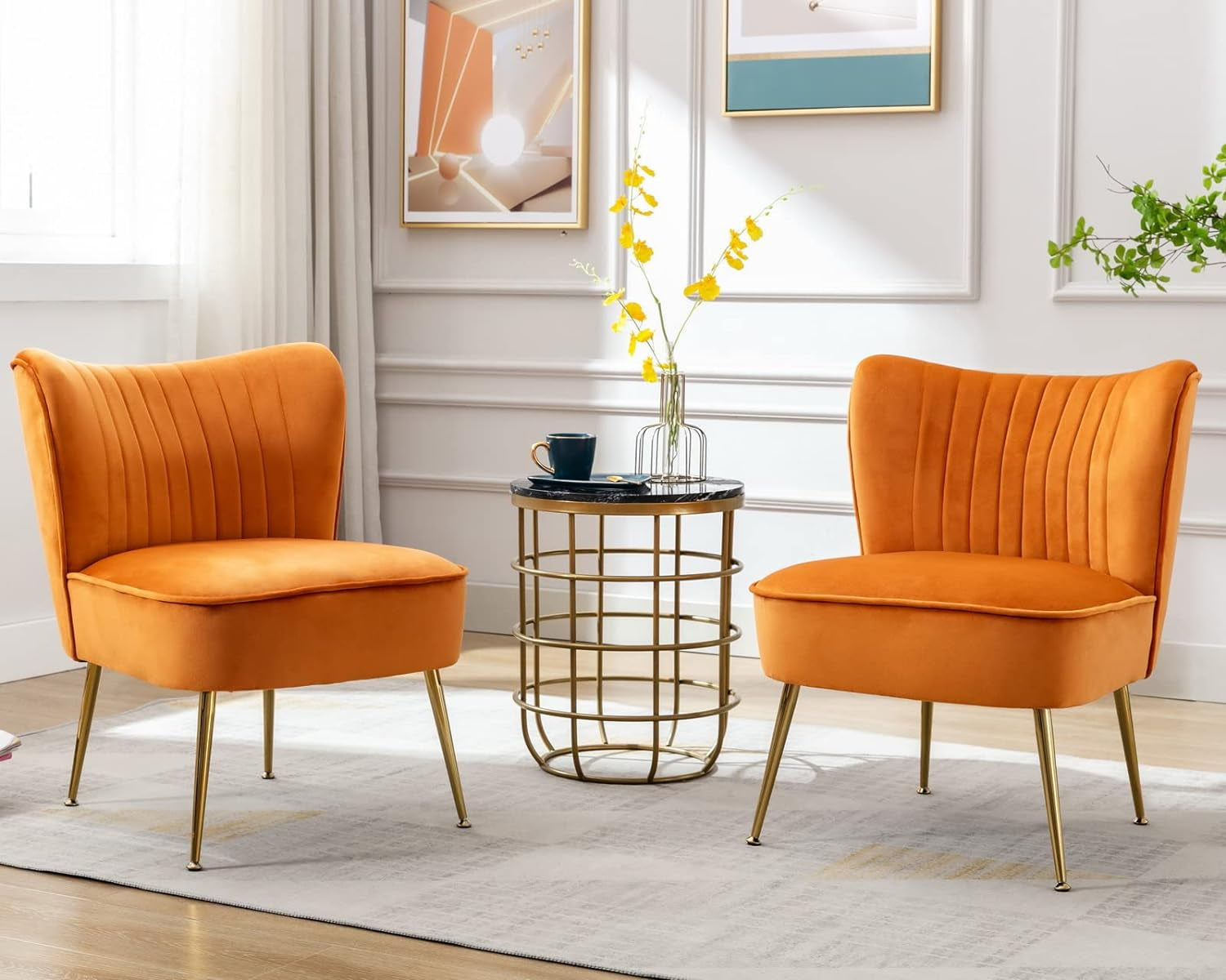 Velvet Accent Chairs Set of 2 Modern Armless Slipper Chair Wingback Single Sofa Side Chair Comfy Corner Chair with Golden Legs for Living Room Bedroom, Orange