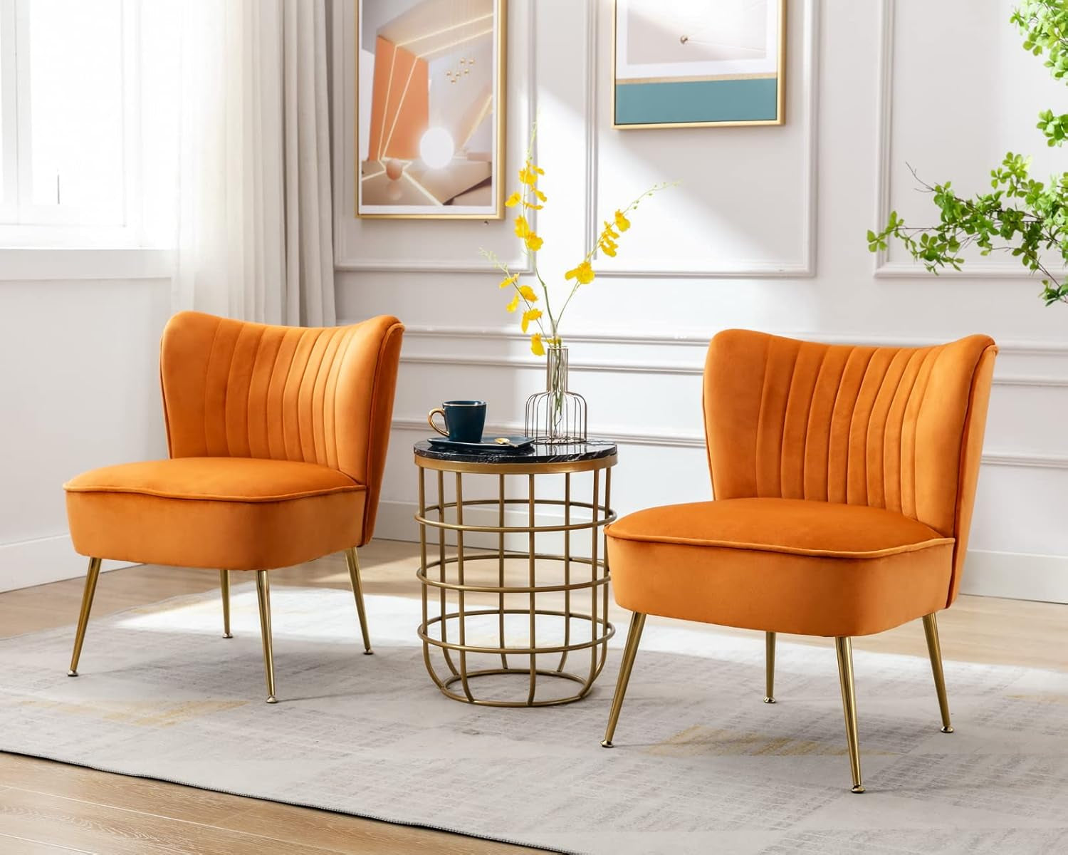 Velvet Accent Chairs Set of 2 Modern Armless Slipper Chair Wingback Single Sofa Side Chair Comfy Corner Chair with Golden Legs for Living Room Bedroom, Orange