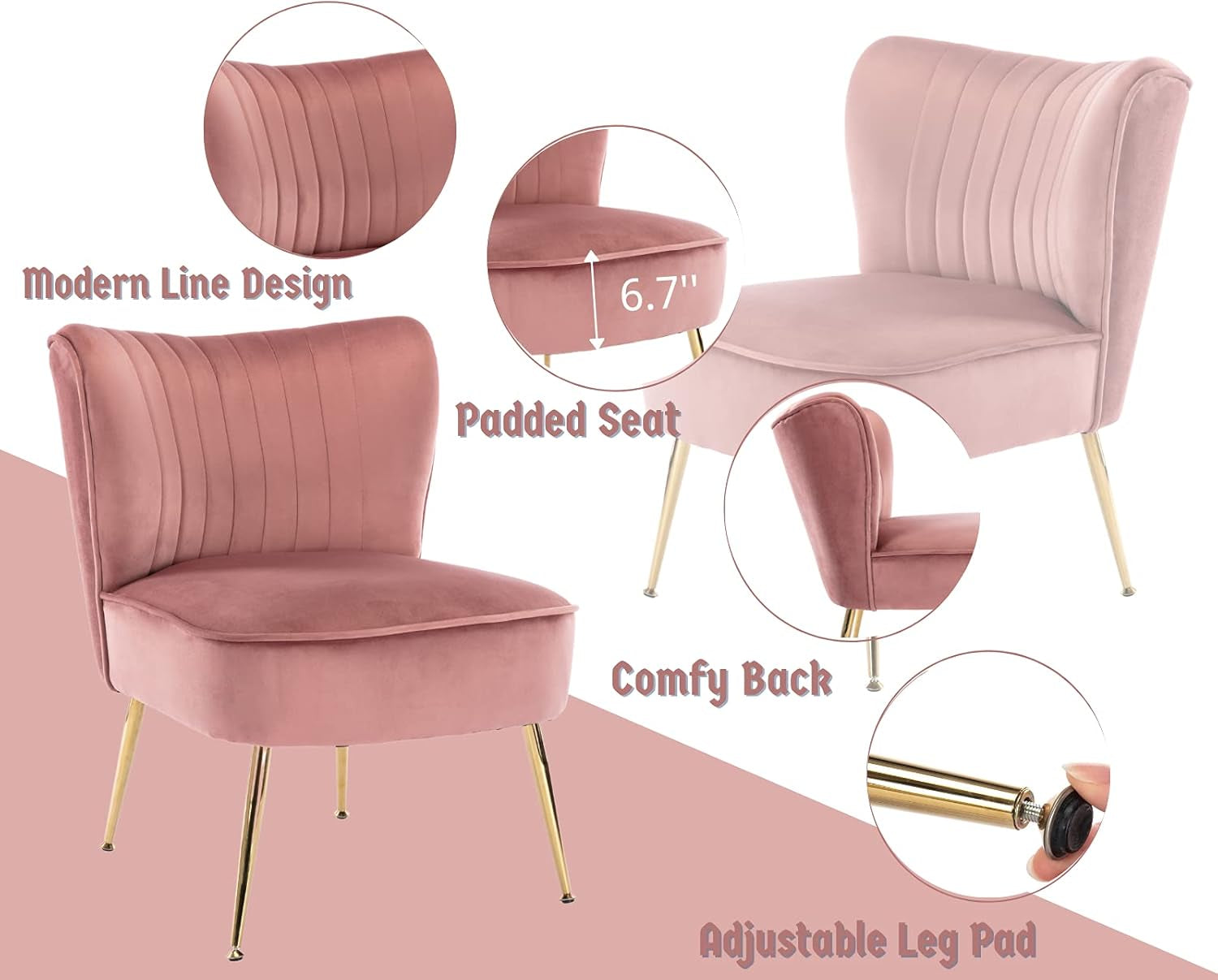 Velvet Accent Chairs Set of 2 Modern Armless Slipper Chair Wingback Single Sofa Side Chair Comfy Corner Chair with Golden Legs for Living Room Bedroom, Pink