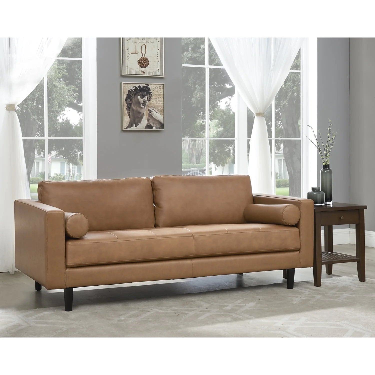 Genuine Mid-Century Leather Sofa Tan